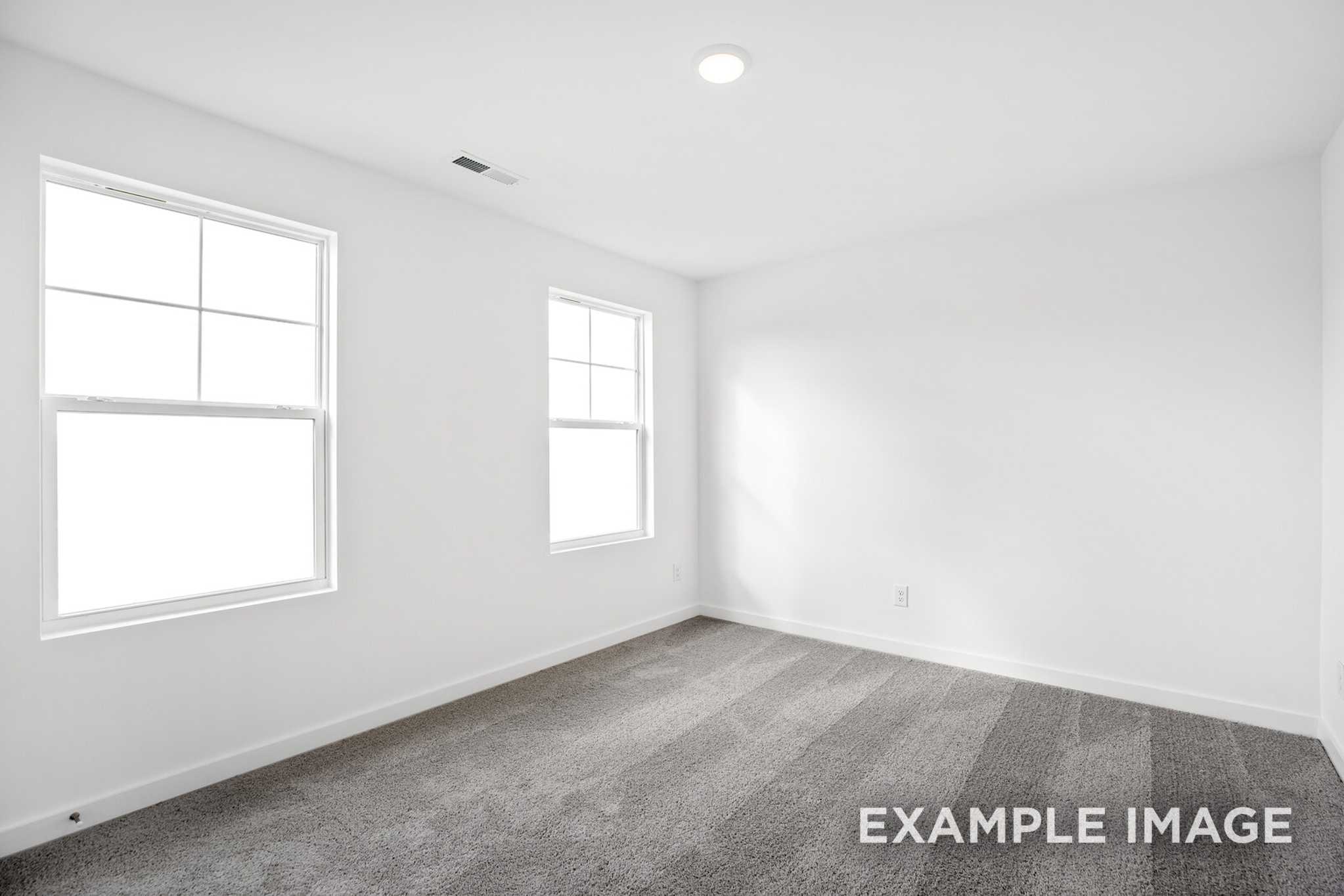 Spacious empty bedroom in The Murray B with white walls, large double-hung windows, gray carpet, and recessed ceiling light