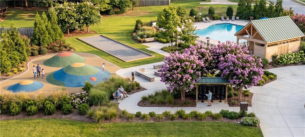 Vibrant playground with colorful domes, bocce court, and resort-style pool pavilion in Cedar Farms, Winder, Georgia by Davidson Homes