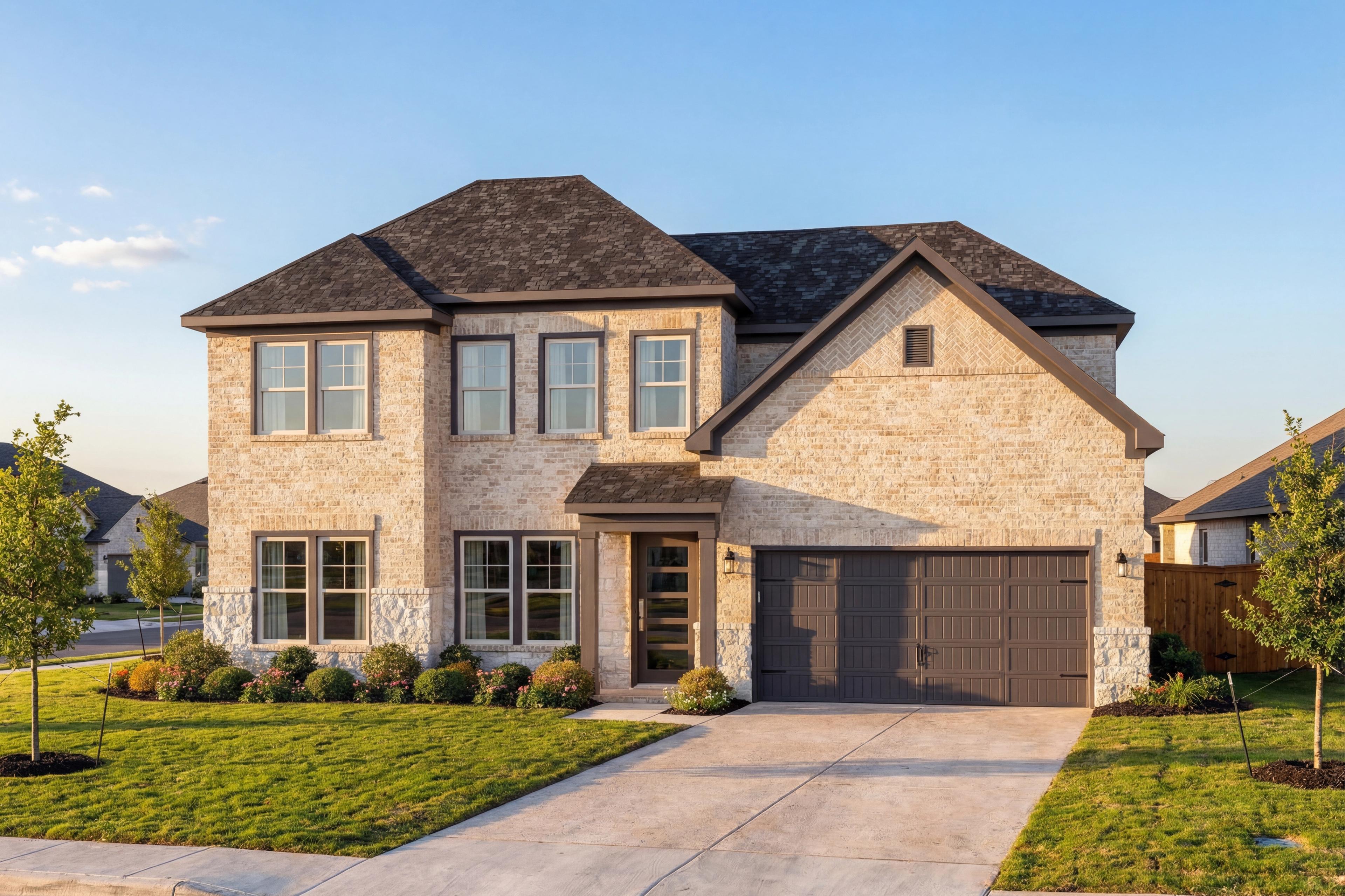 Modern two-story Belmont G home elevation with beige brick facade, dark shingled roof, two-car garage, and landscaped yard in Castroville Texas