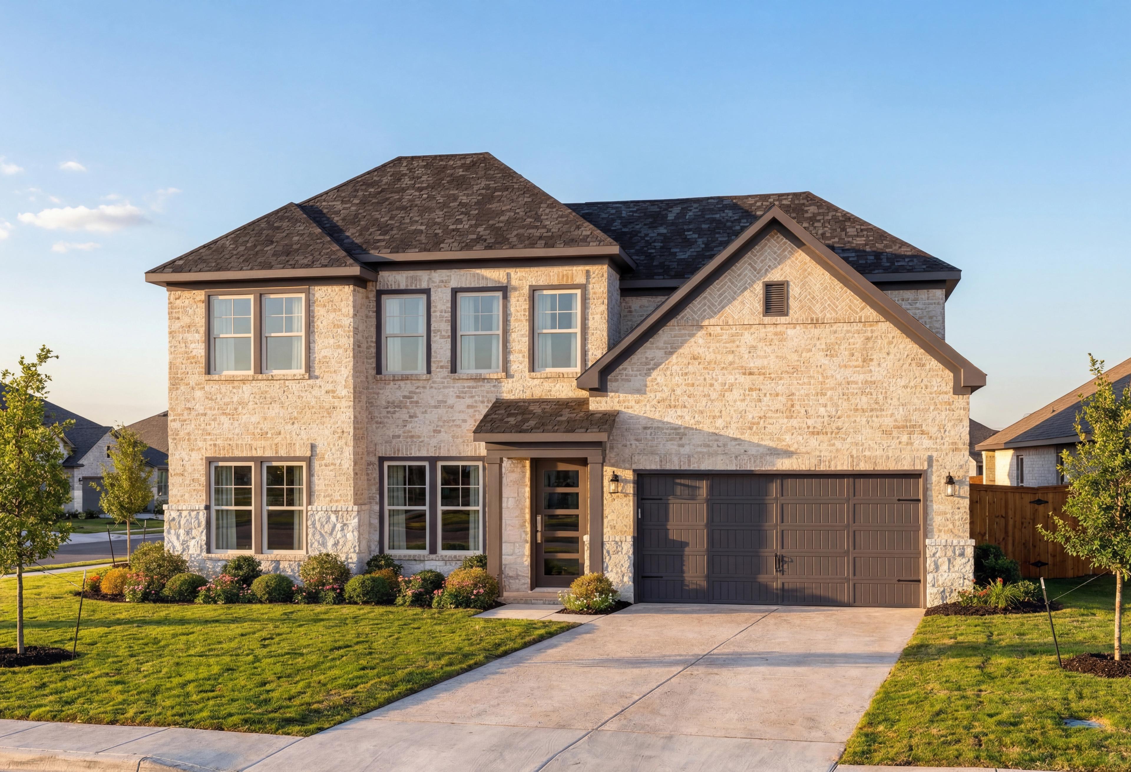 Modern two-story Belmont G home elevation with beige brick facade, dark shingled roof, two-car garage, and landscaped yard in Castroville Texas