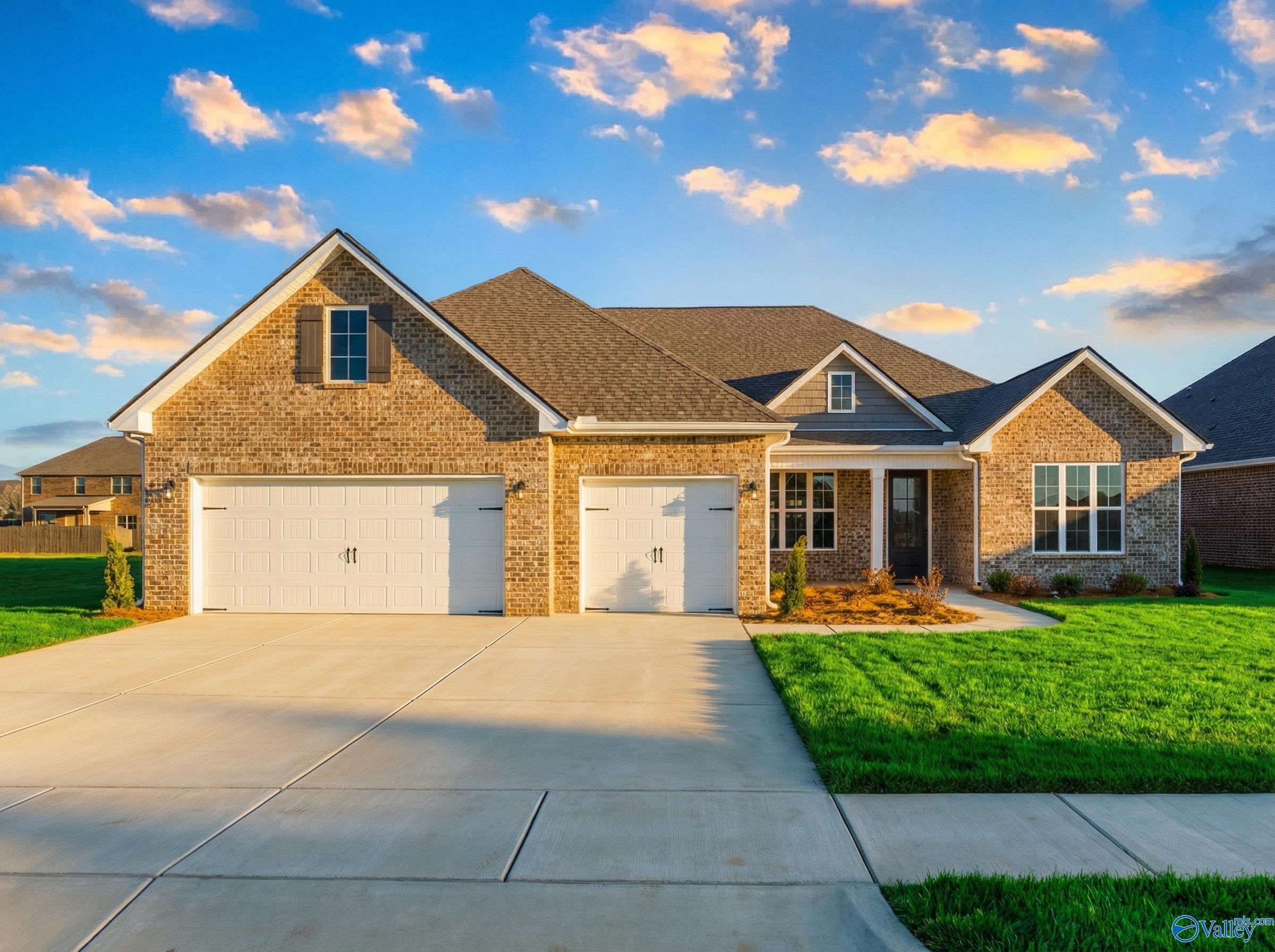 Charming brick 1-story home with 2-car garage, front porch, and green lawn in Briercreek, Meridianville, Alabama - Davidson Homes The Finleigh