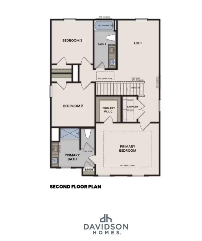 Second floor plan of The Hartwell B by Davidson Homes featuring a loft, primary suite, and laundry in Bailey Park.