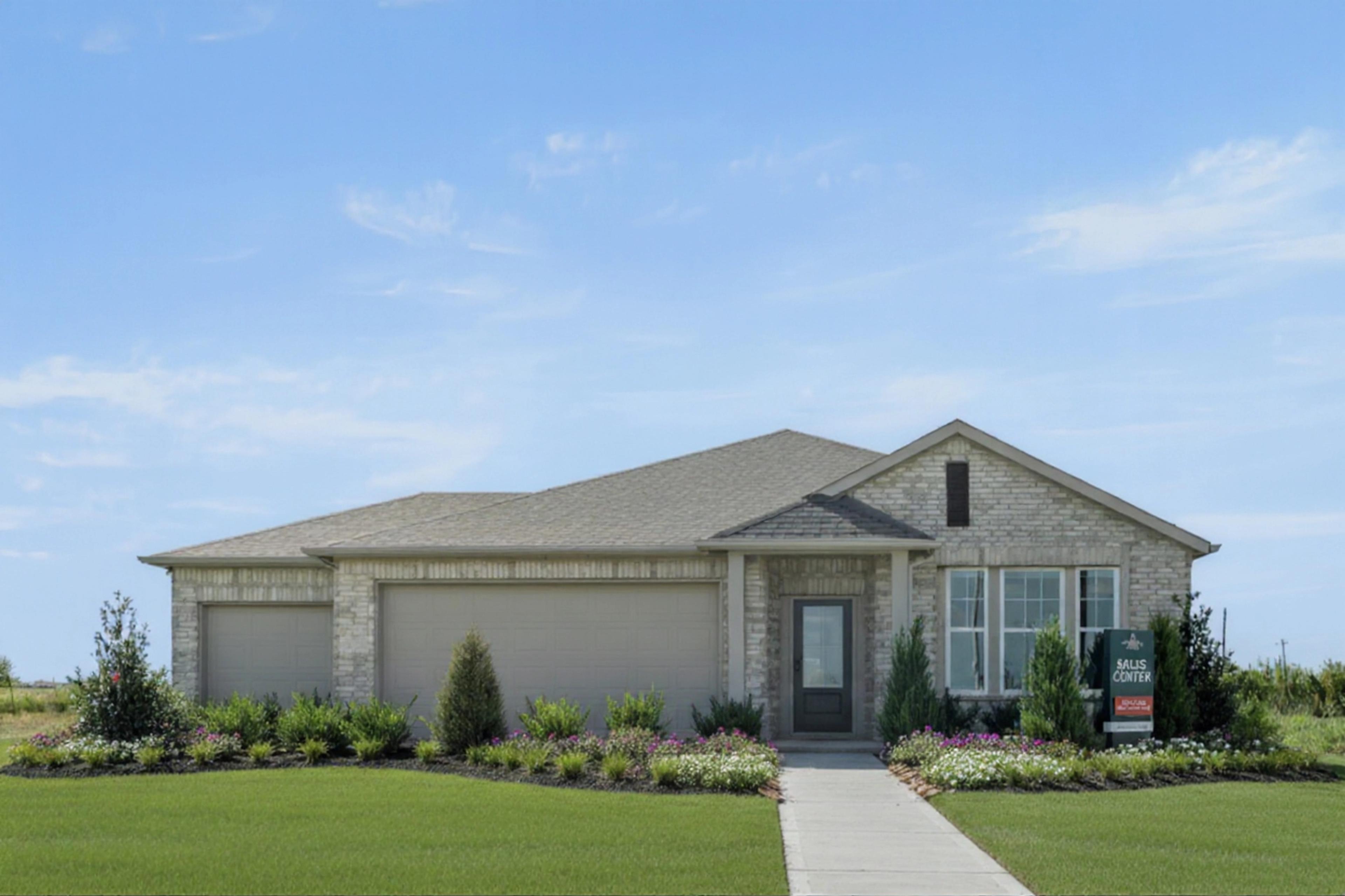single-story home with 3-car garage, brick exterior