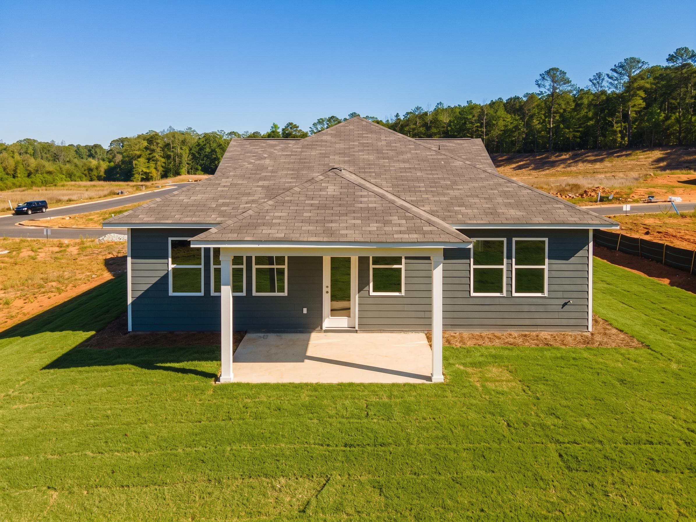 Rear view of gray single-story The Luna B home by Davidson Homes, covered patio, large windows, wooded lot in Anderson Lakes, Opelika, Alabama