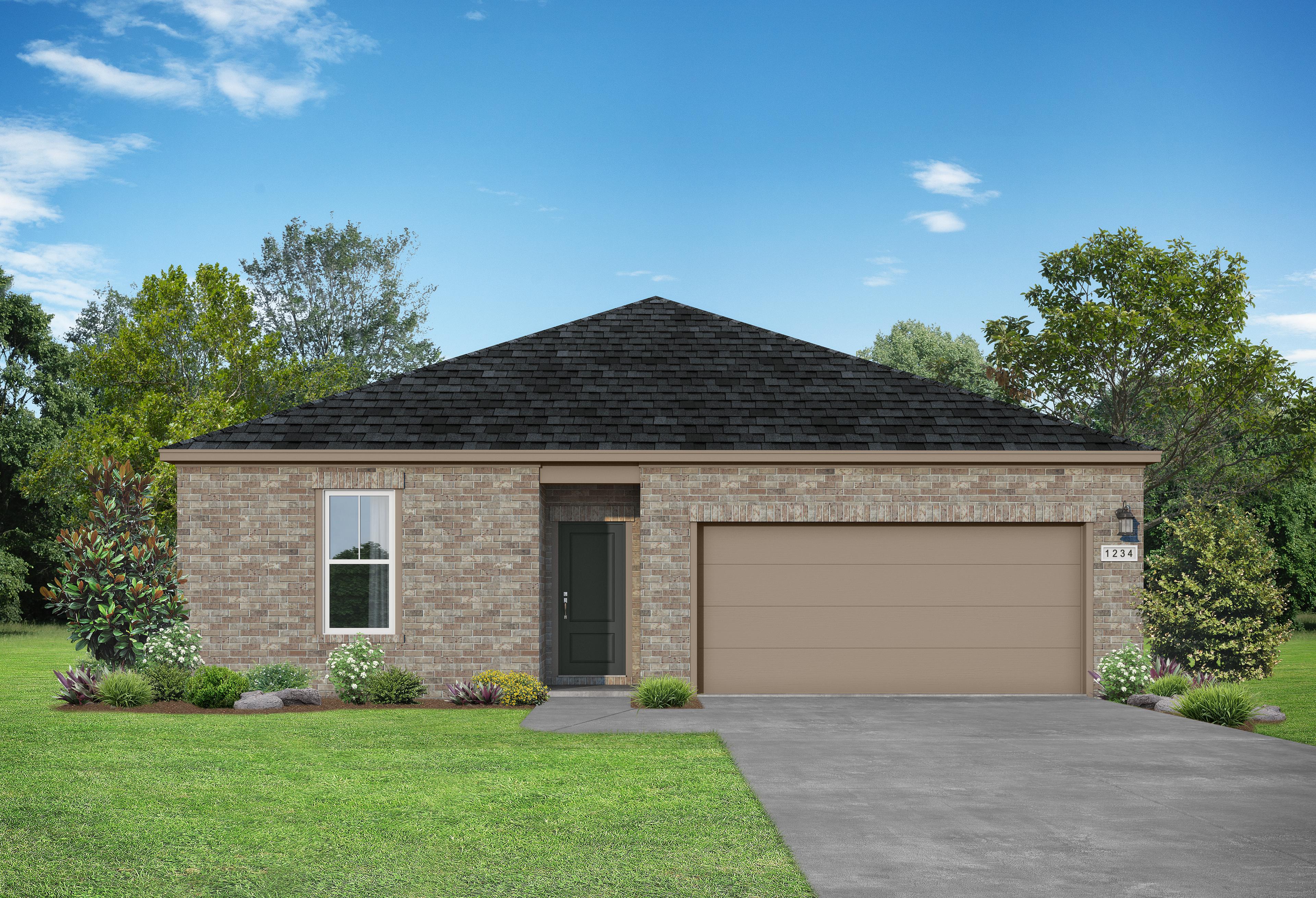Redbud A 1-story brick home exterior with black roof, 2-car garage, and landscaped yard in Josephine, Texas