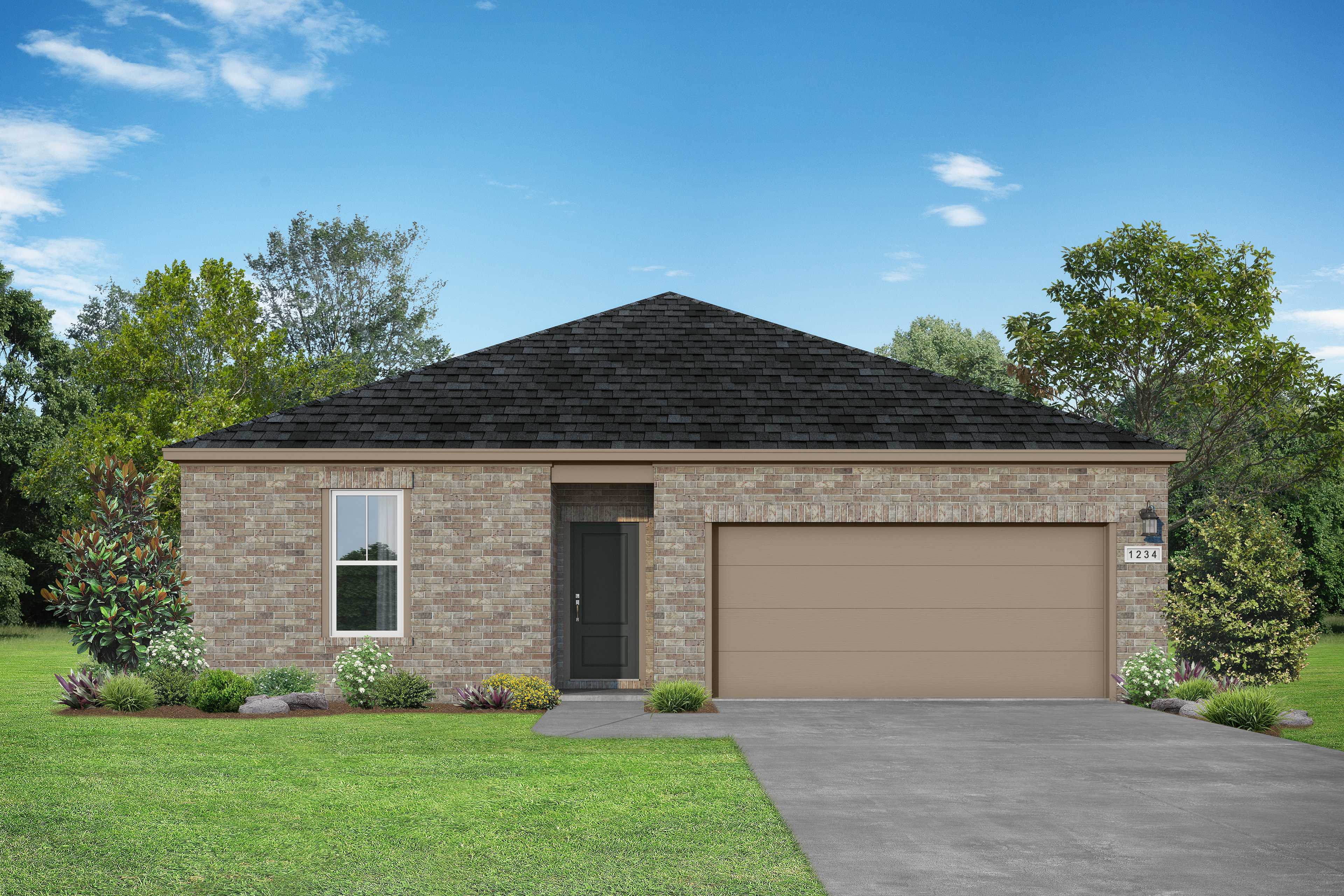 Redbud A 1-story brick home exterior with black roof, 2-car garage, and landscaped yard in Josephine, Texas