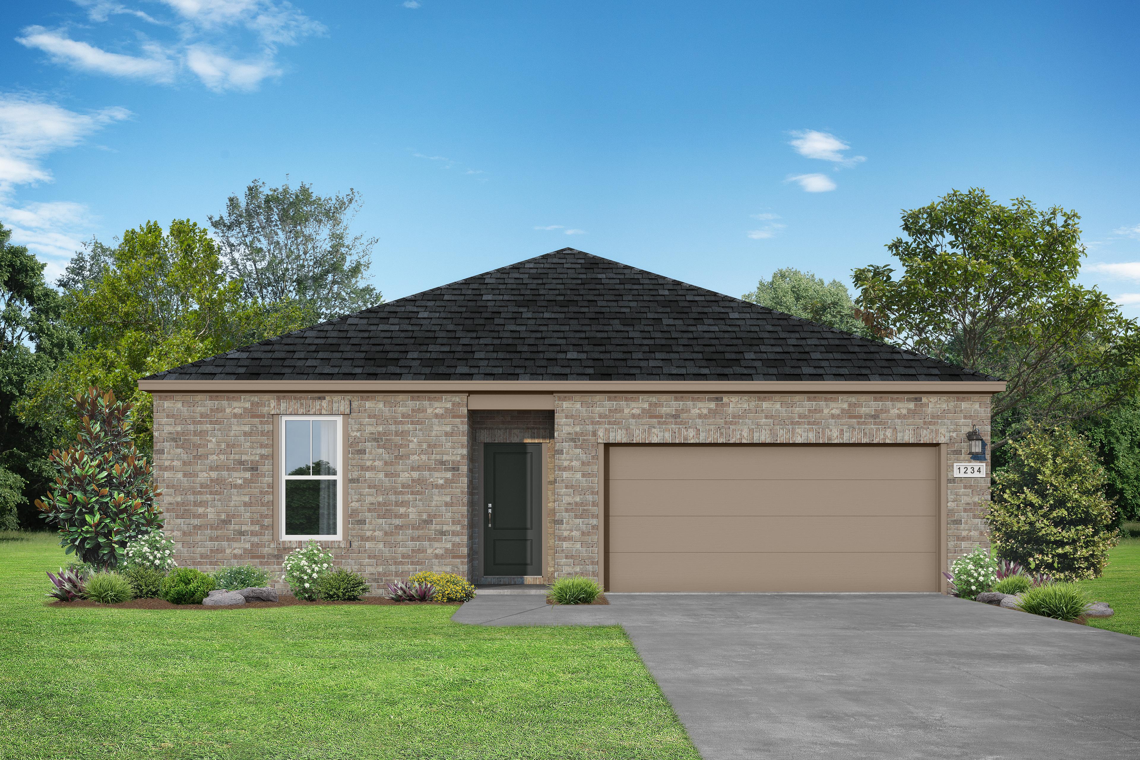 Redbud A 1-story brick home exterior with black roof, 2-car garage, and landscaped yard in Josephine, Texas