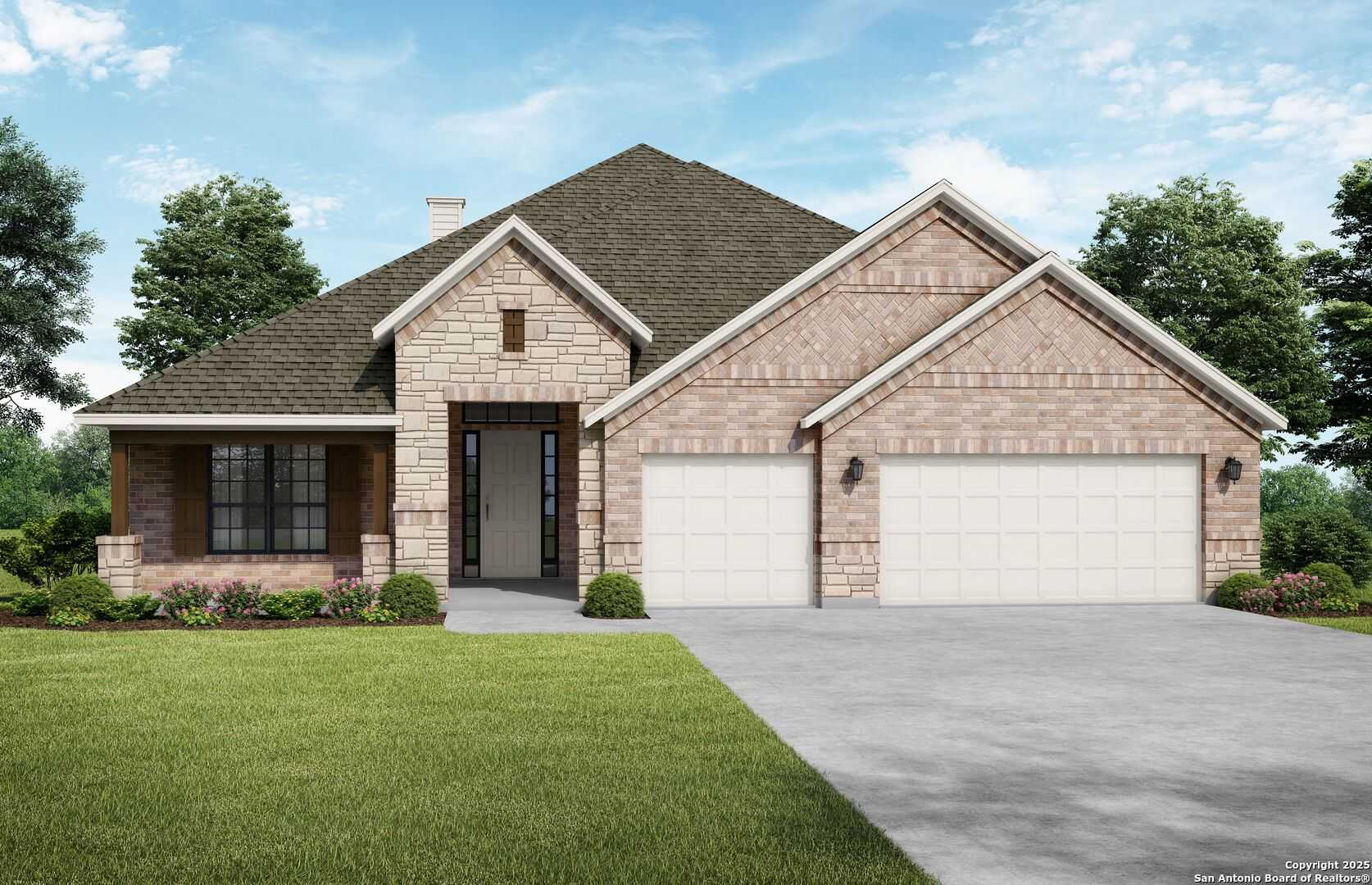 Modern brick 1-story Garner C home with 3-car garage, stone accents, and lush landscaping in Castroville, Texas