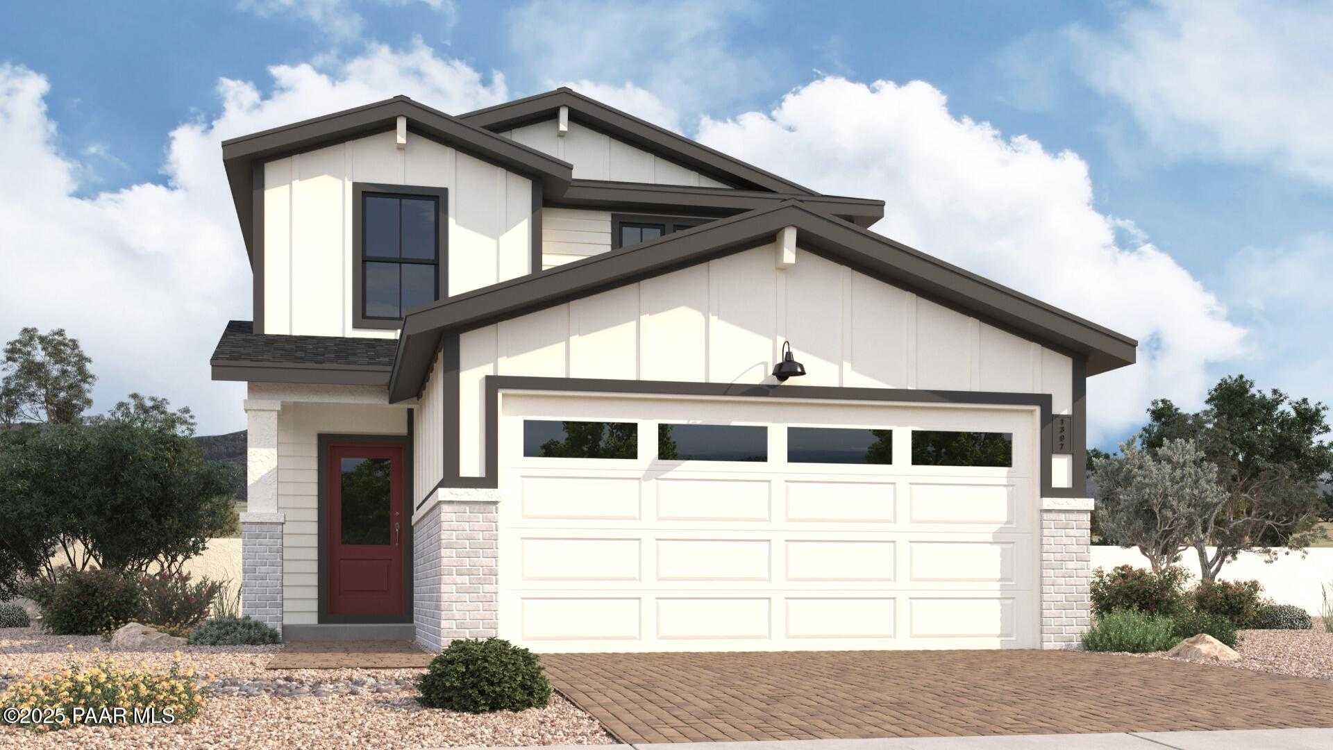 Modern 2-story Wilmington B home with white siding, black trim, red door, 3-car garage, and desert landscaping in Prescott, Arizona