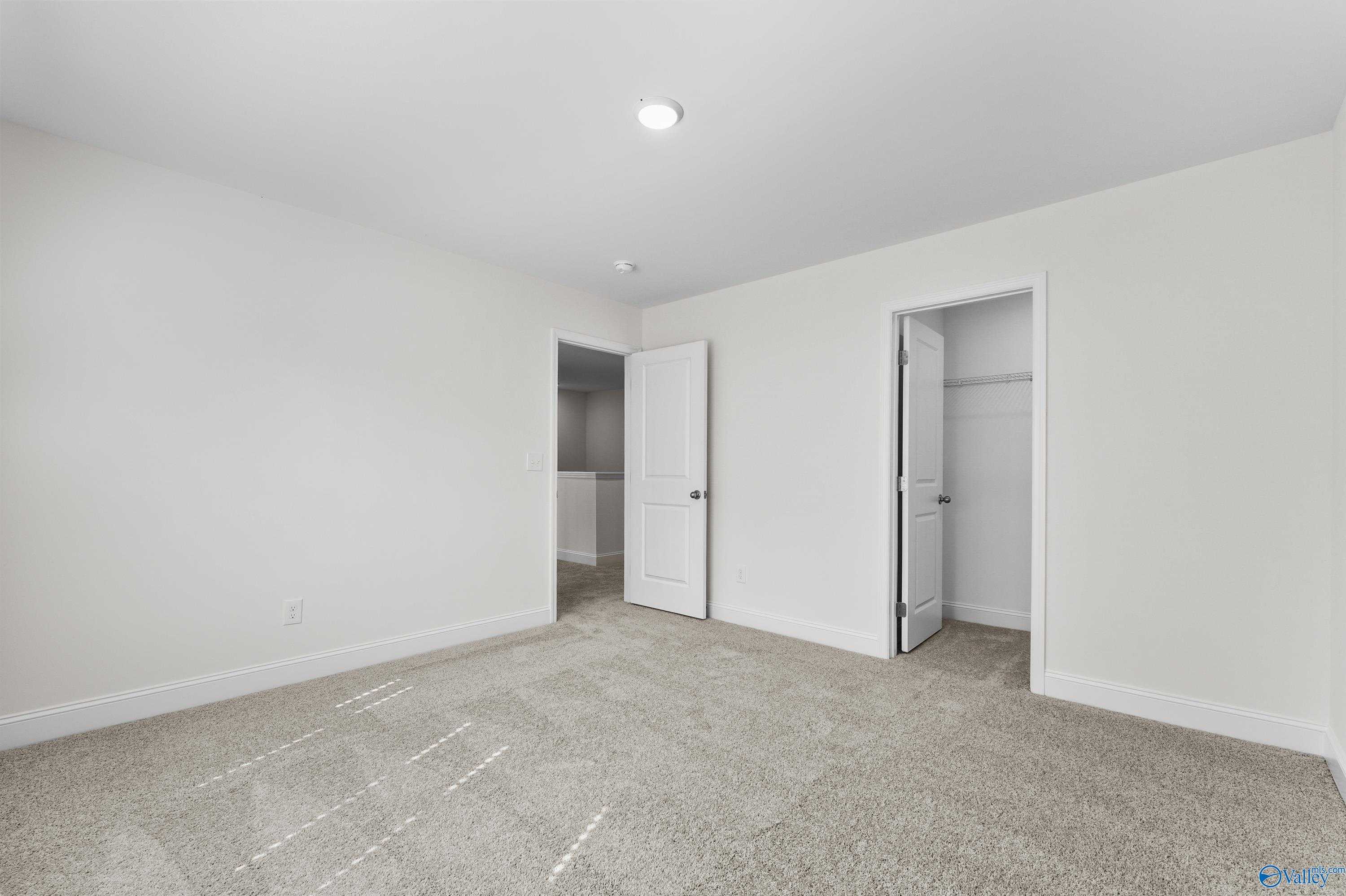 Spacious bedroom with beige carpet, walk-in closet, and en-suite bath in Davidson Homes The Shelby A, Athens, Alabama