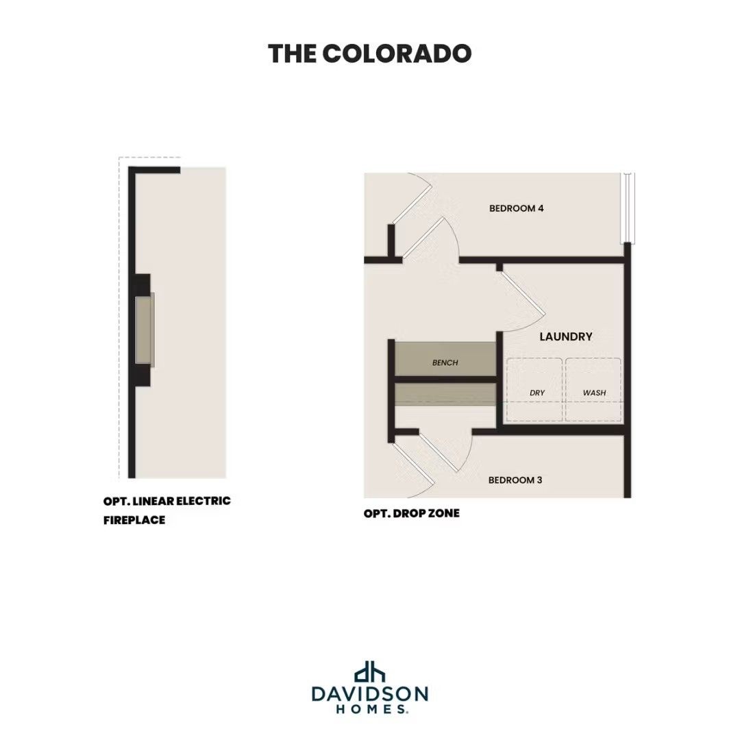 Optional linear electric fireplace and drop zone floor plan details for The Colorado F home by Davidson Homes in Heartland.