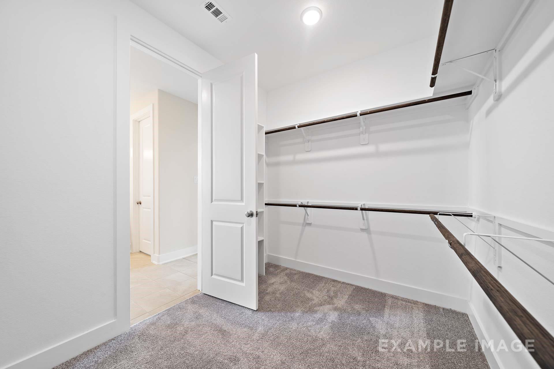 Spacious walk-in closet with dual hanging rods and carpet flooring in The Diana C floor plan by Davidson Homes in Lago Mar, Texas City.