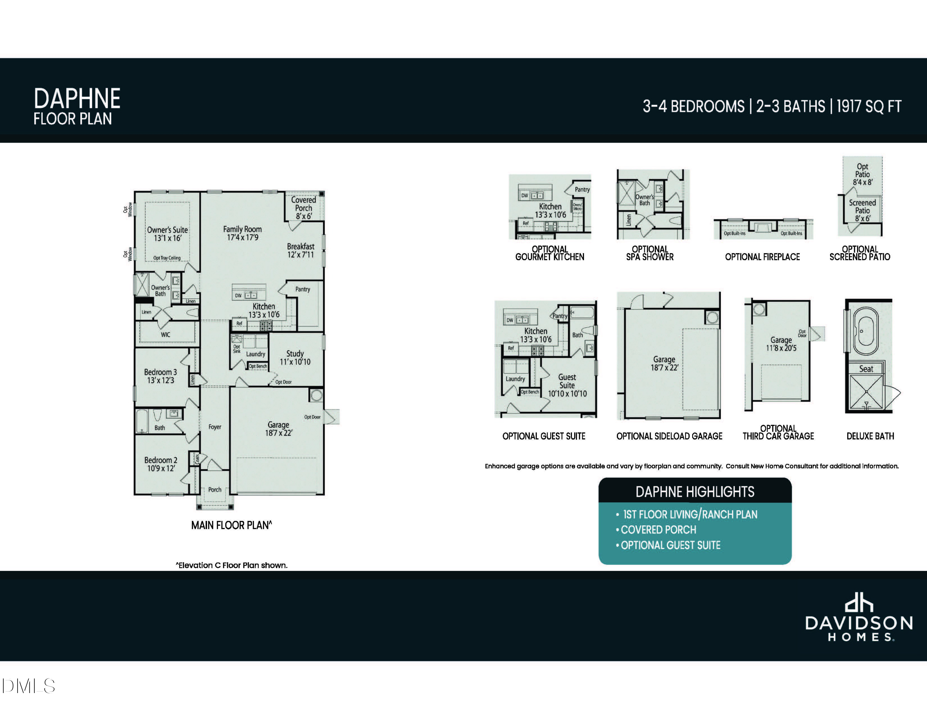 The Daphne C floor plan by Davidson Homes: 4-bedroom, 2.5-bath, 1,917 sq ft single-story layout with 2-car garage in Zebulon, NC