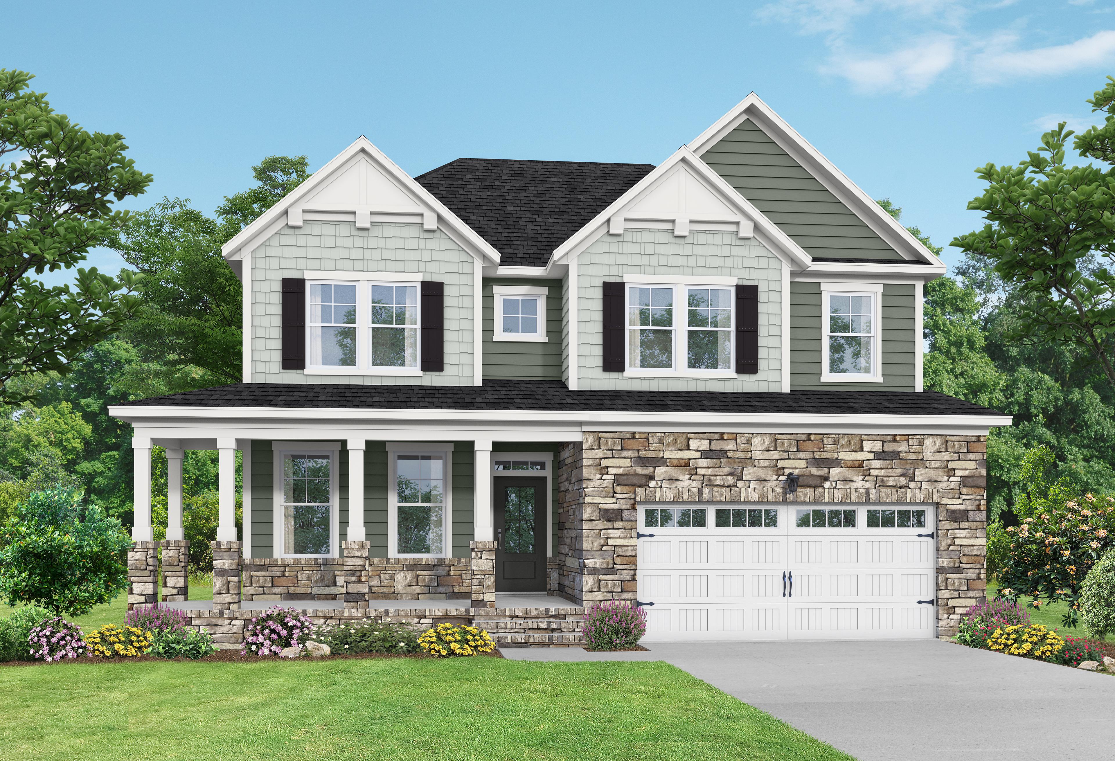 Two-story Willow G home elevation in Mooresville NC featuring sage green siding, stone base, covered porch, and 2-car garage amid lush landscaping