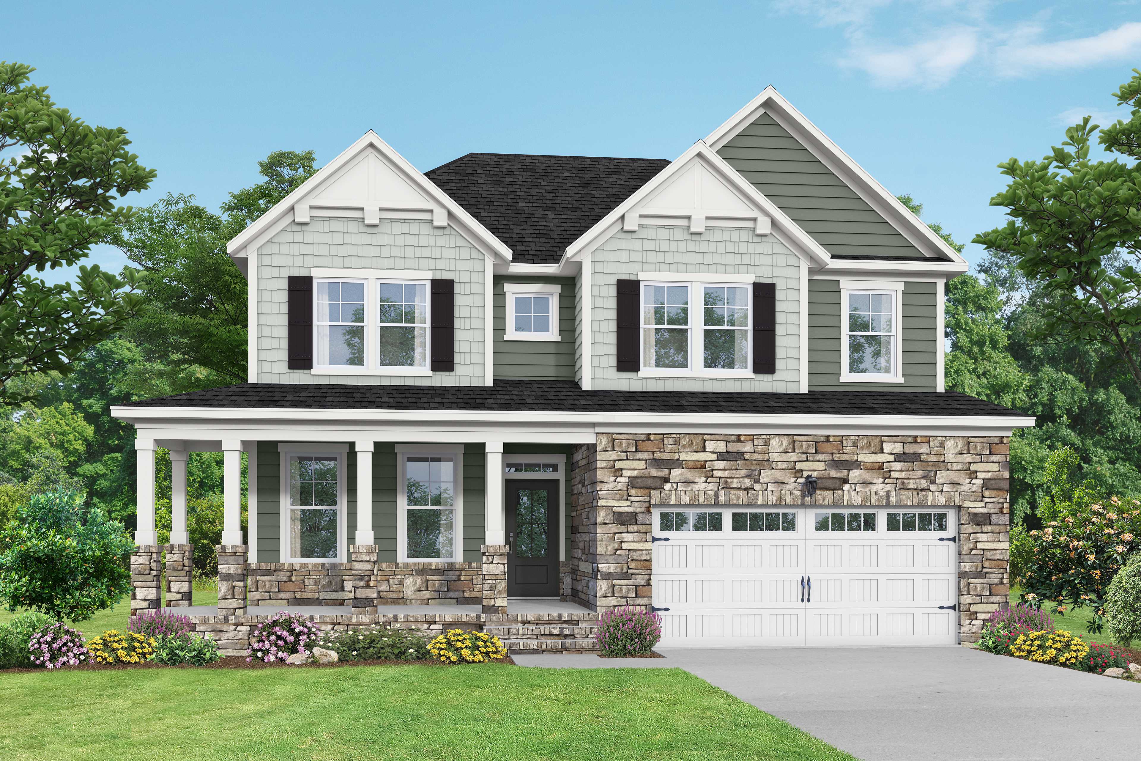 Craftsman-style elevation of The Willow G 2-story home with sage green siding, stone accents, covered porch, and 2-car garage