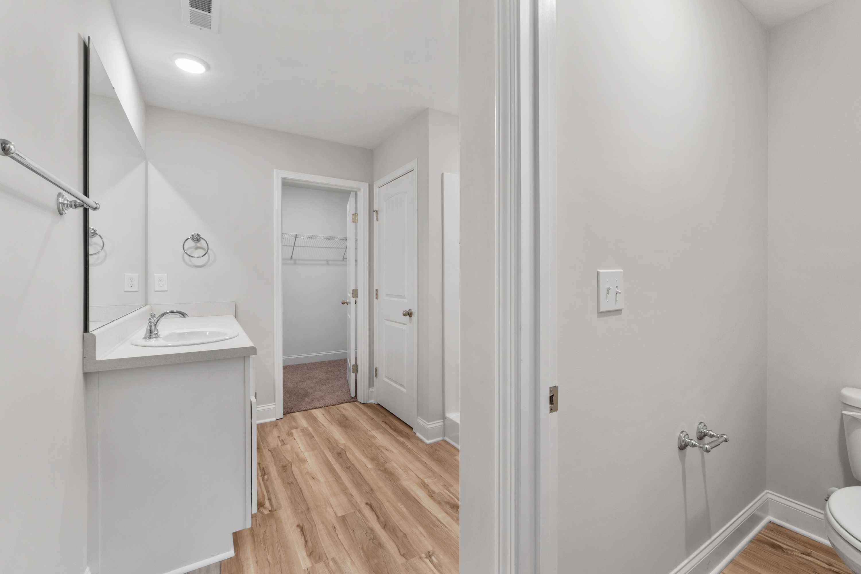 Spacious primary bathroom at Collins Lane in Meridianville AL with white vanity sink, light wood floors, and walk-in closet access