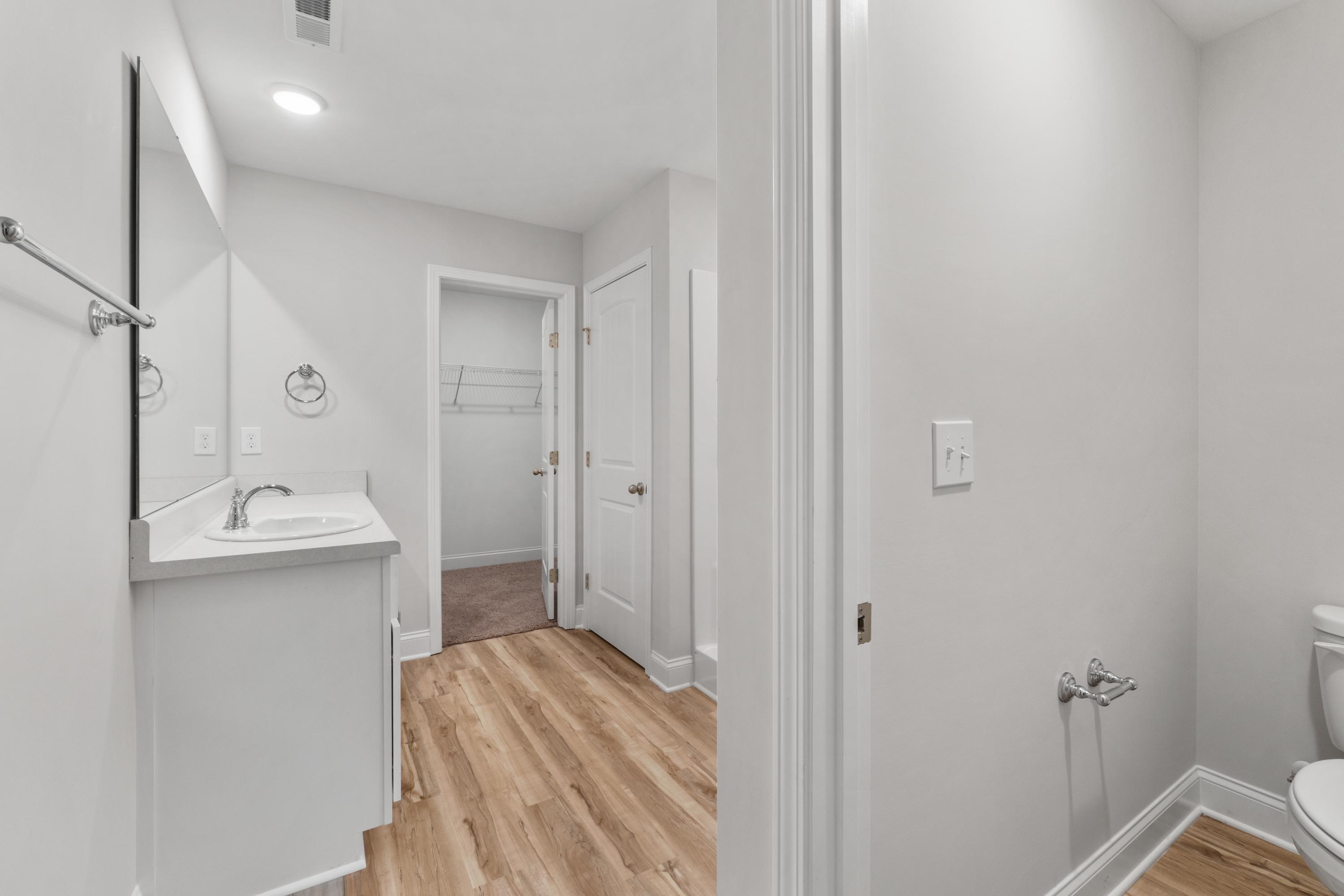 Spacious primary bathroom at Collins Lane in Meridianville AL with white vanity sink, light wood floors, and walk-in closet access