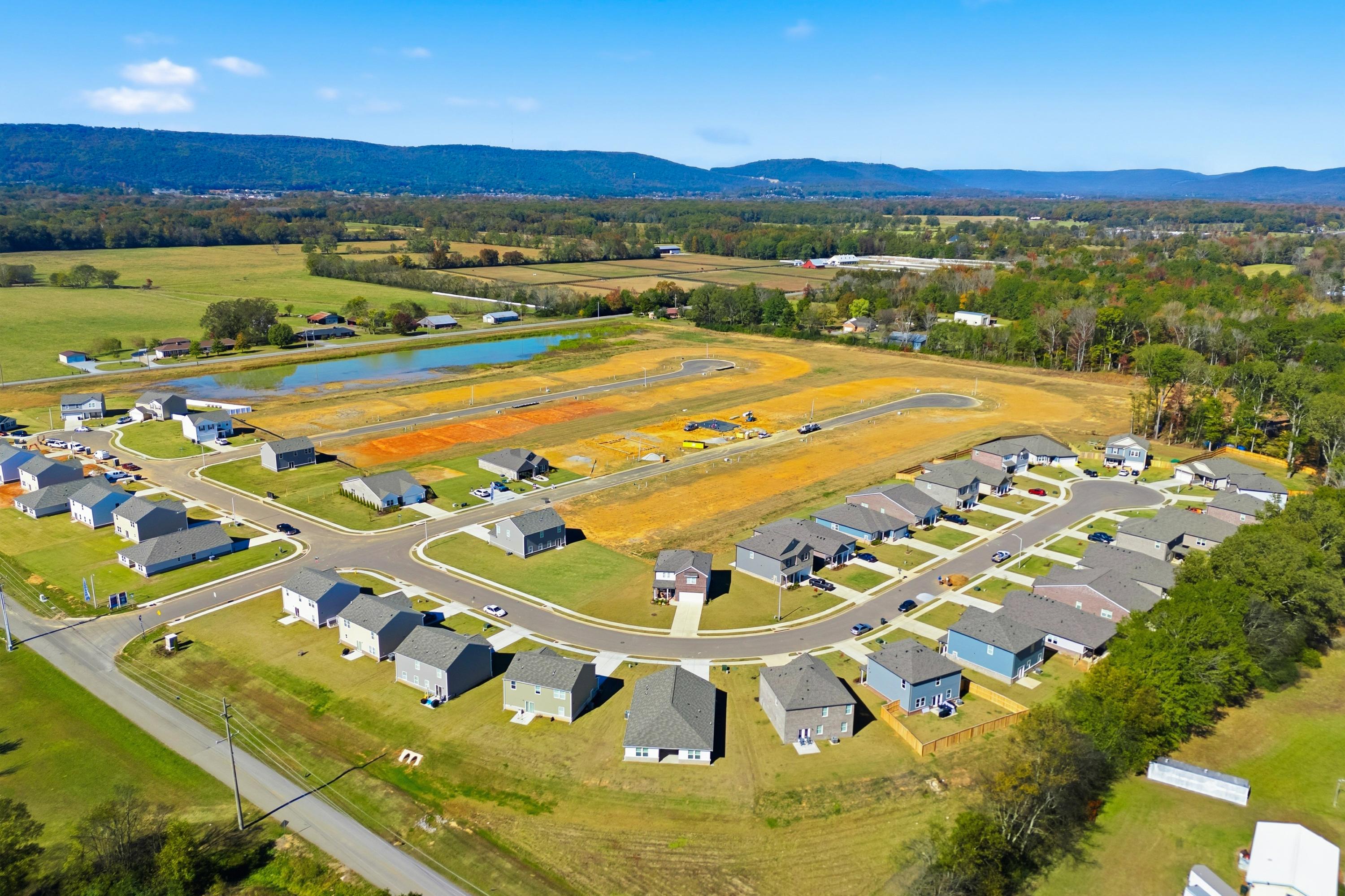 Aerial view of Ramsay Cove neighborhood in Owens Cross Roads AL with new homes, construction sites, pond, fields, and mountain backdrop