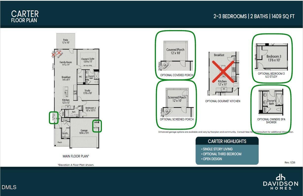 The Carter C floor plan: 3-bedroom, 2-bath, 1,409 sq ft single-story layout with 2-car garage, optional gourmet kitchen by Davidson Homes in Lillington, NC