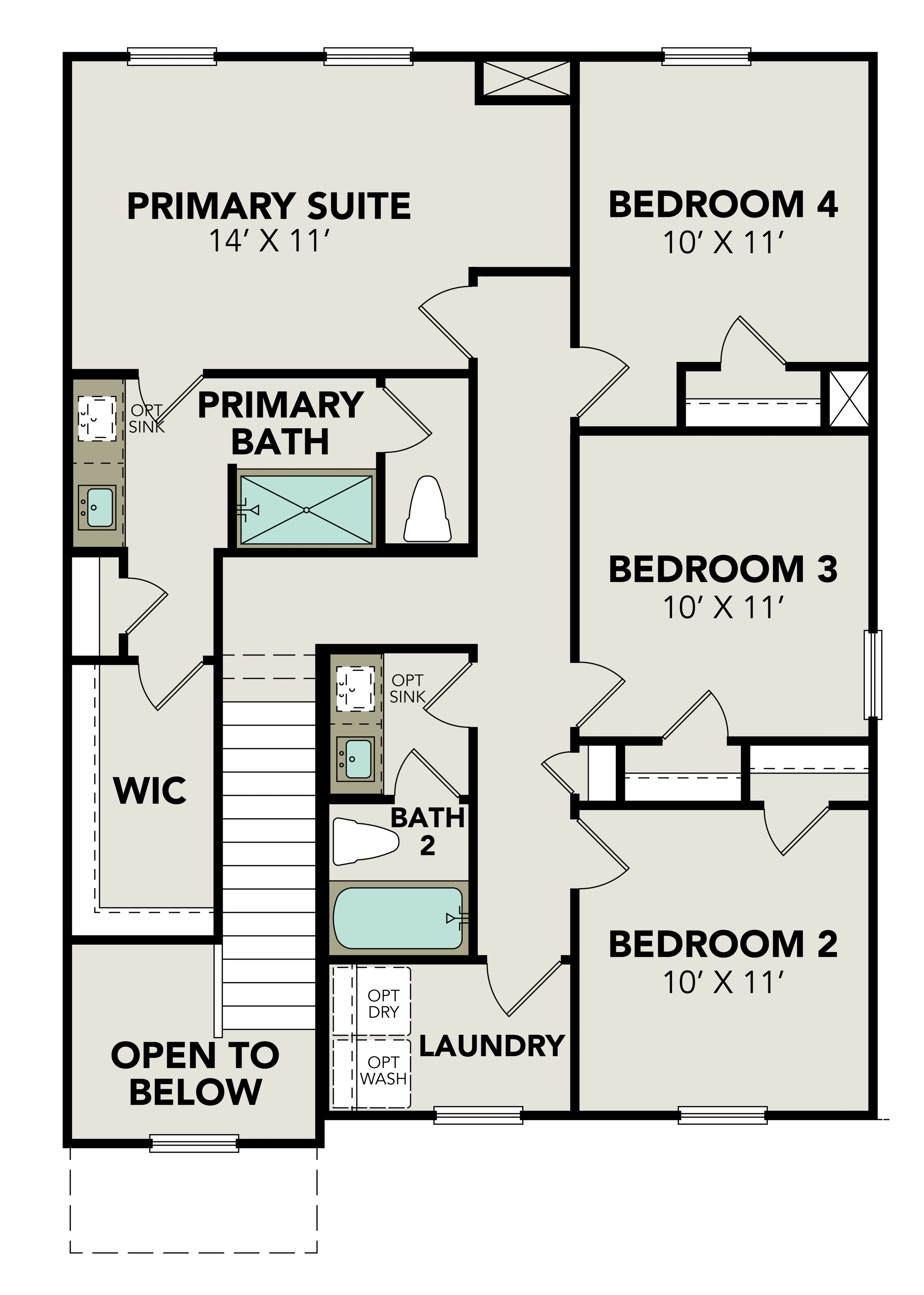 Upper floor plan of The Trinity home design featuring 14x11 primary suite, three 10x11 bedrooms, baths, laundry