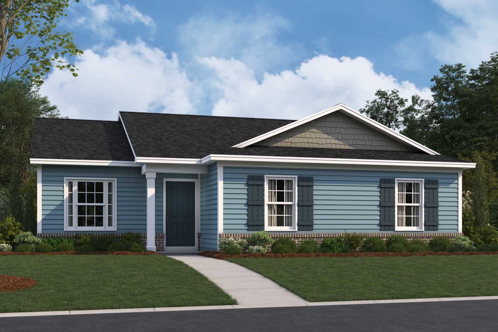 Charming single-story exterior of The Washington: blue siding, gabled roof, front porch, windows with shutters, lush yard in Phenix City