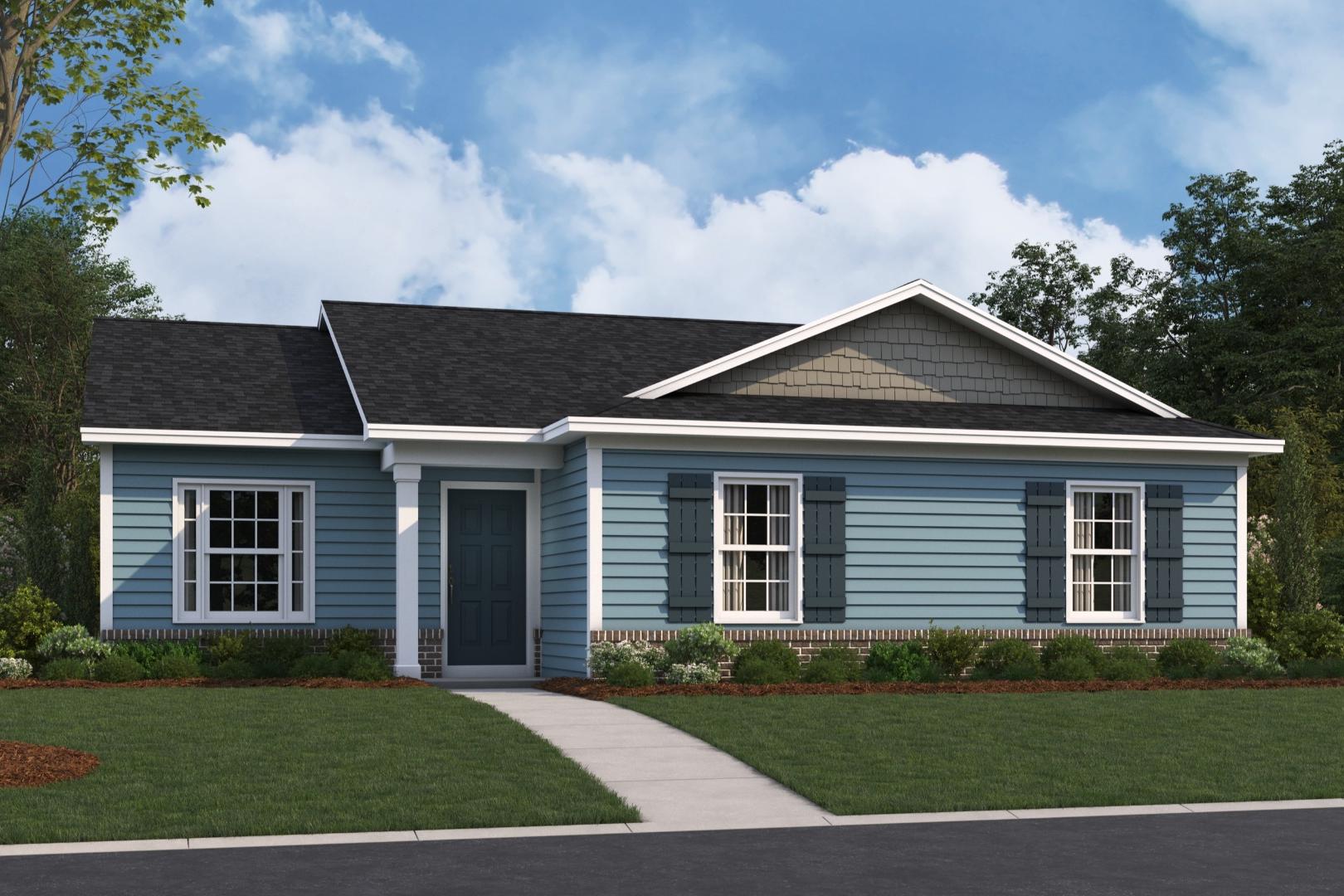 Charming single-story exterior of The Washington: blue siding, gabled roof, front porch, windows with shutters, lush yard in Phenix City