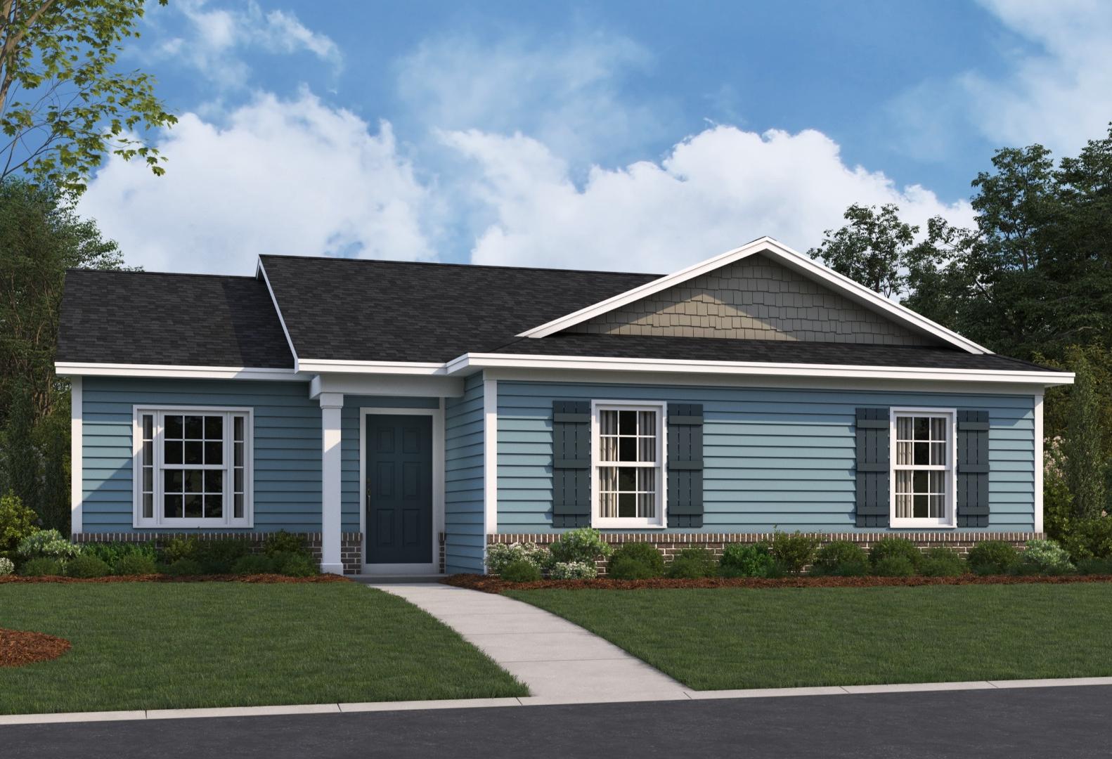 Charming single-story exterior of The Washington: blue siding, gabled roof, front porch, windows with shutters, lush yard in Phenix City