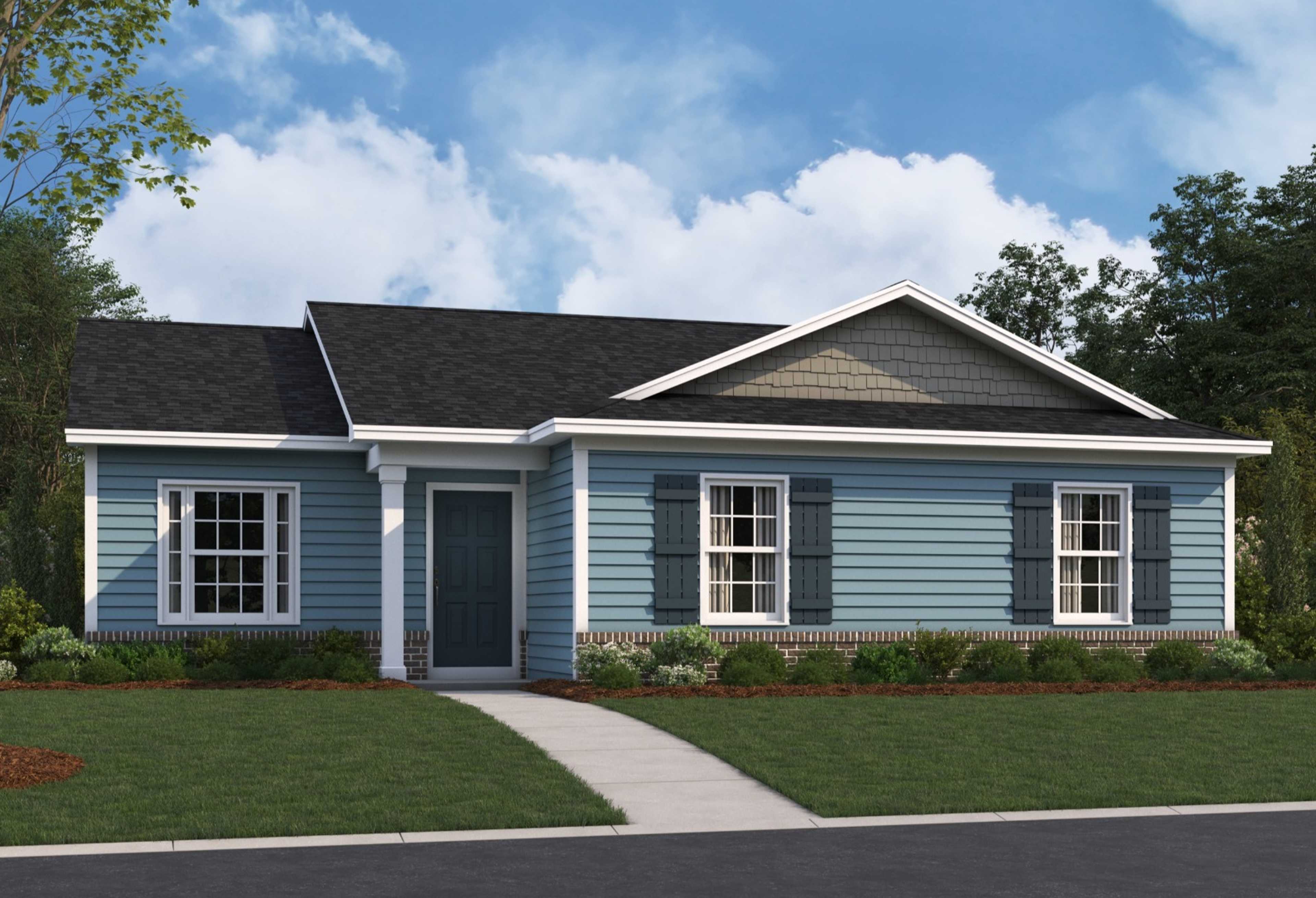 Charming single-story exterior of The Washington: blue siding, gabled roof, front porch, windows with shutters, lush yard in Phenix City