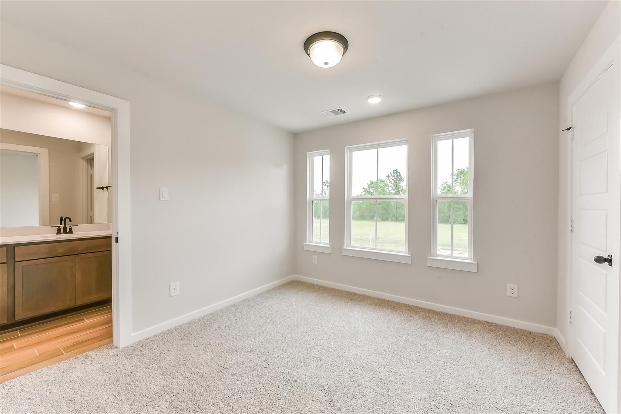 Spacious master bedroom with en-suite double vanity bath, large windows to wooded view, carpeted floors in Davidson Homes Sequoia C, Crosby TX