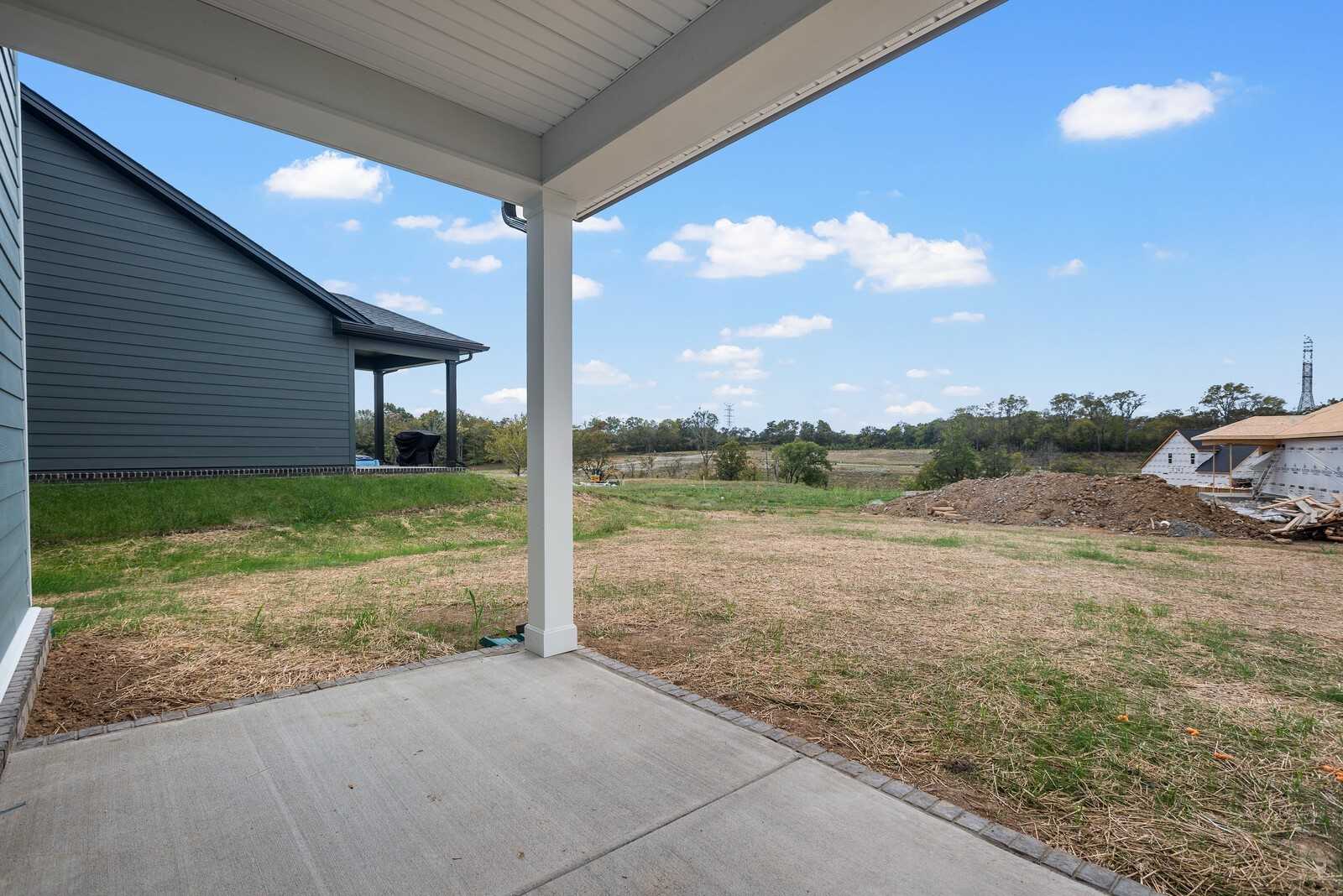 Covered porch overlooking grassy backyard and wooded views in Davidson Homes The Logan C, Woods Crossing, Gallatin, Tennessee
