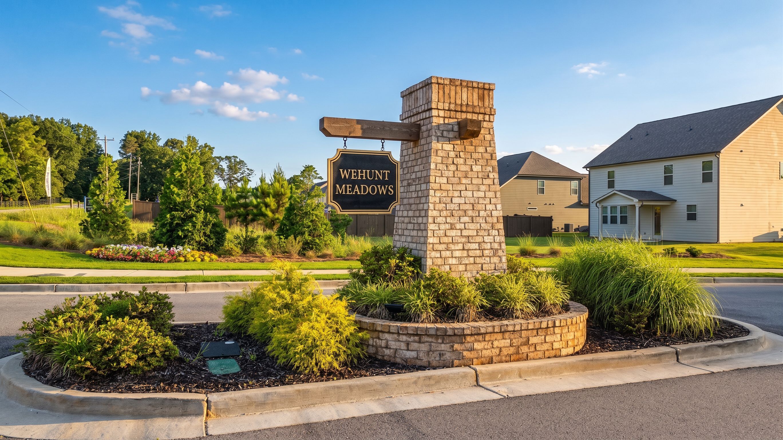 Brick entrance monument with Wehunt Meadows community sign in Hoschton, Georgia by Davidson Homes.