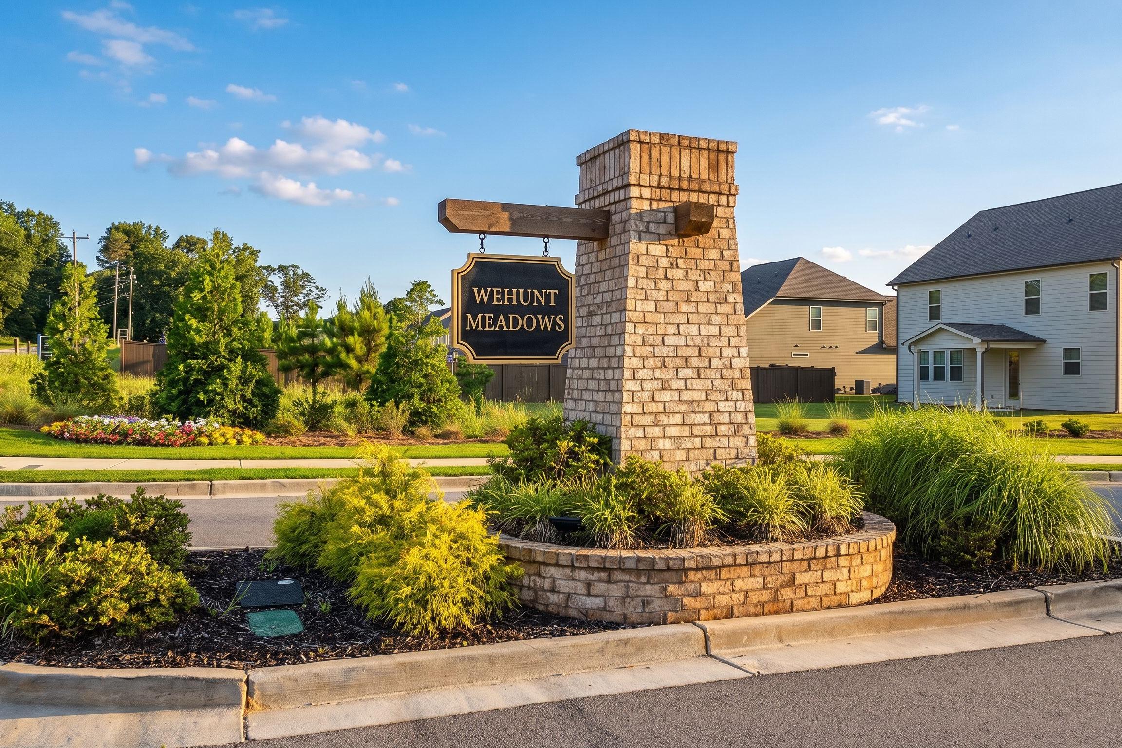 Brick entrance monument with Wehunt Meadows community sign in Hoschton, Georgia by Davidson Homes.
