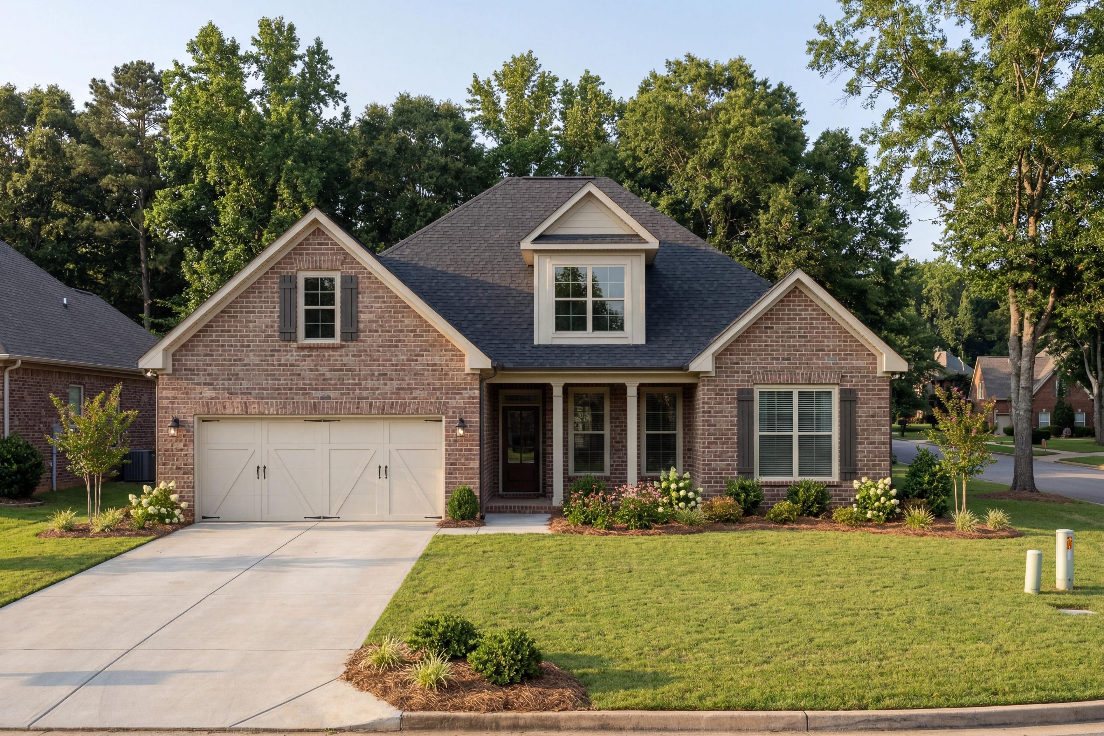 The Rockford by Davidson Homes featuring a brick exterior, 2-car garage, and landscaped front yard in Meridianville, AL.