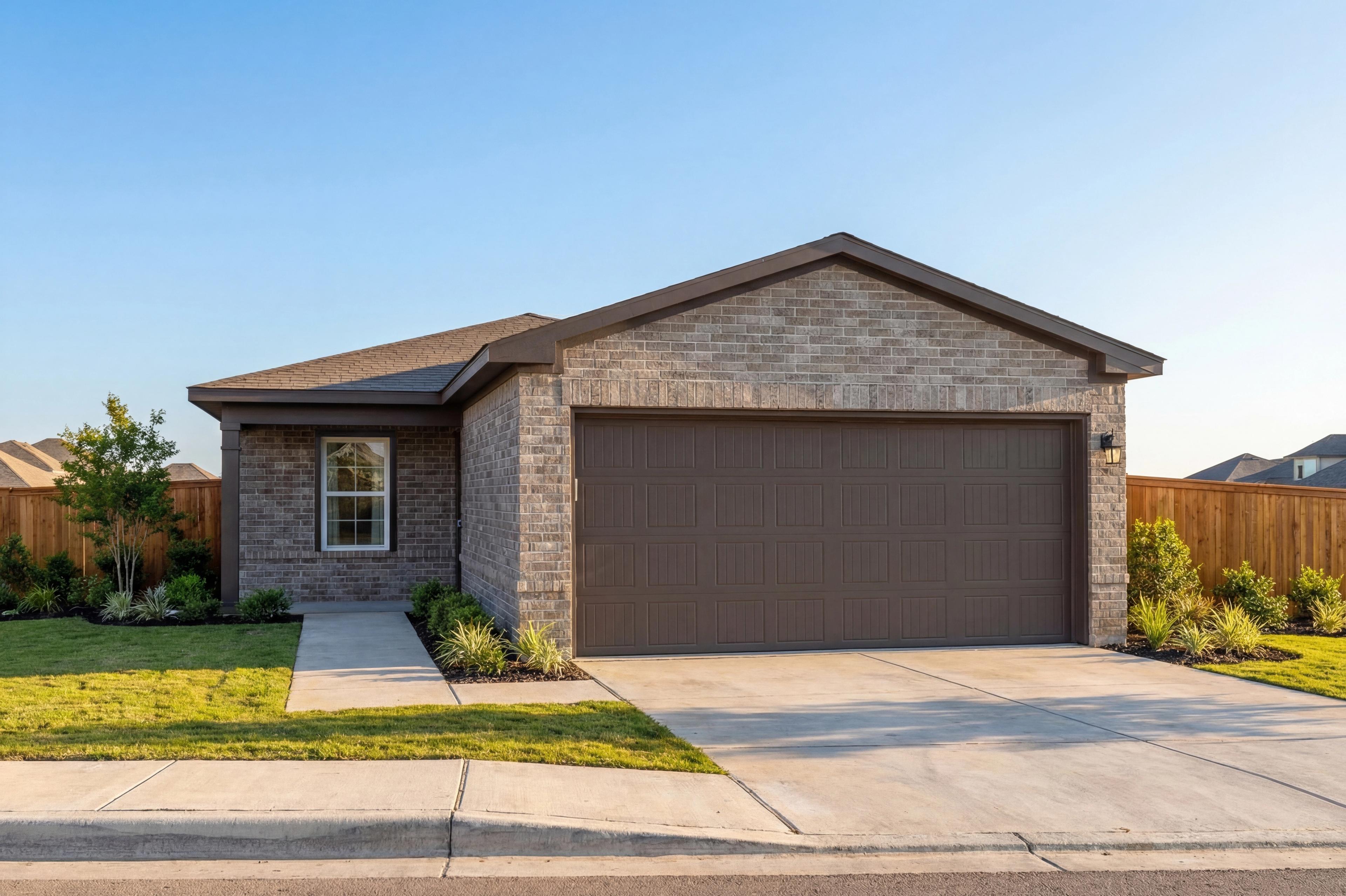 Modern brick facade of The Comal D single-story home featuring 2-car garage, front porch, and landscaped yard in San Antonio