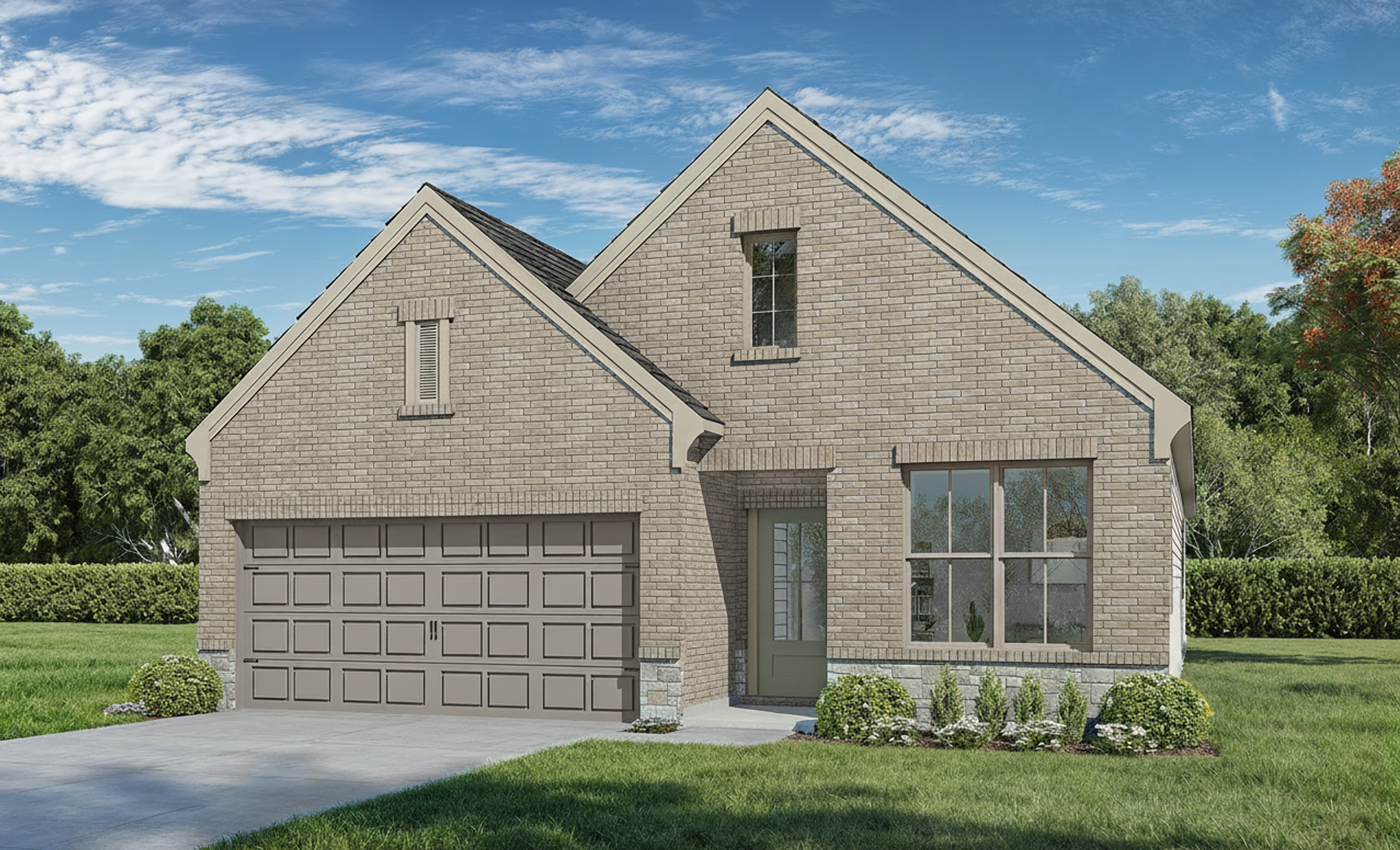 Brick exterior of the Greenfield K 3-bedroom single-story home with 2-car garage, gabled roof, and landscaped yard in Crosby Texas