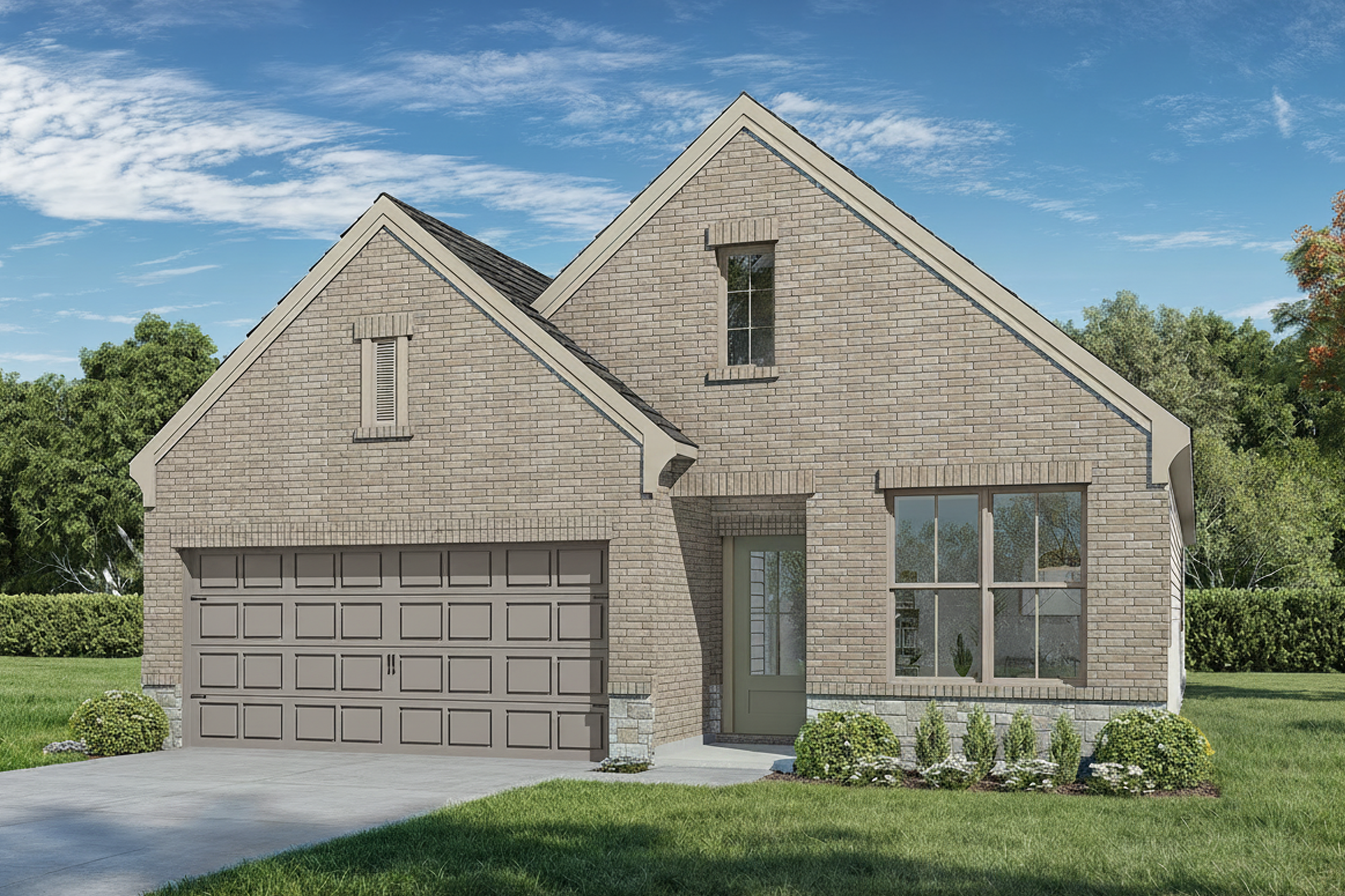 Brick exterior of the Greenfield K 3-bedroom single-story home with 2-car garage, gabled roof, and landscaped yard in Crosby Texas