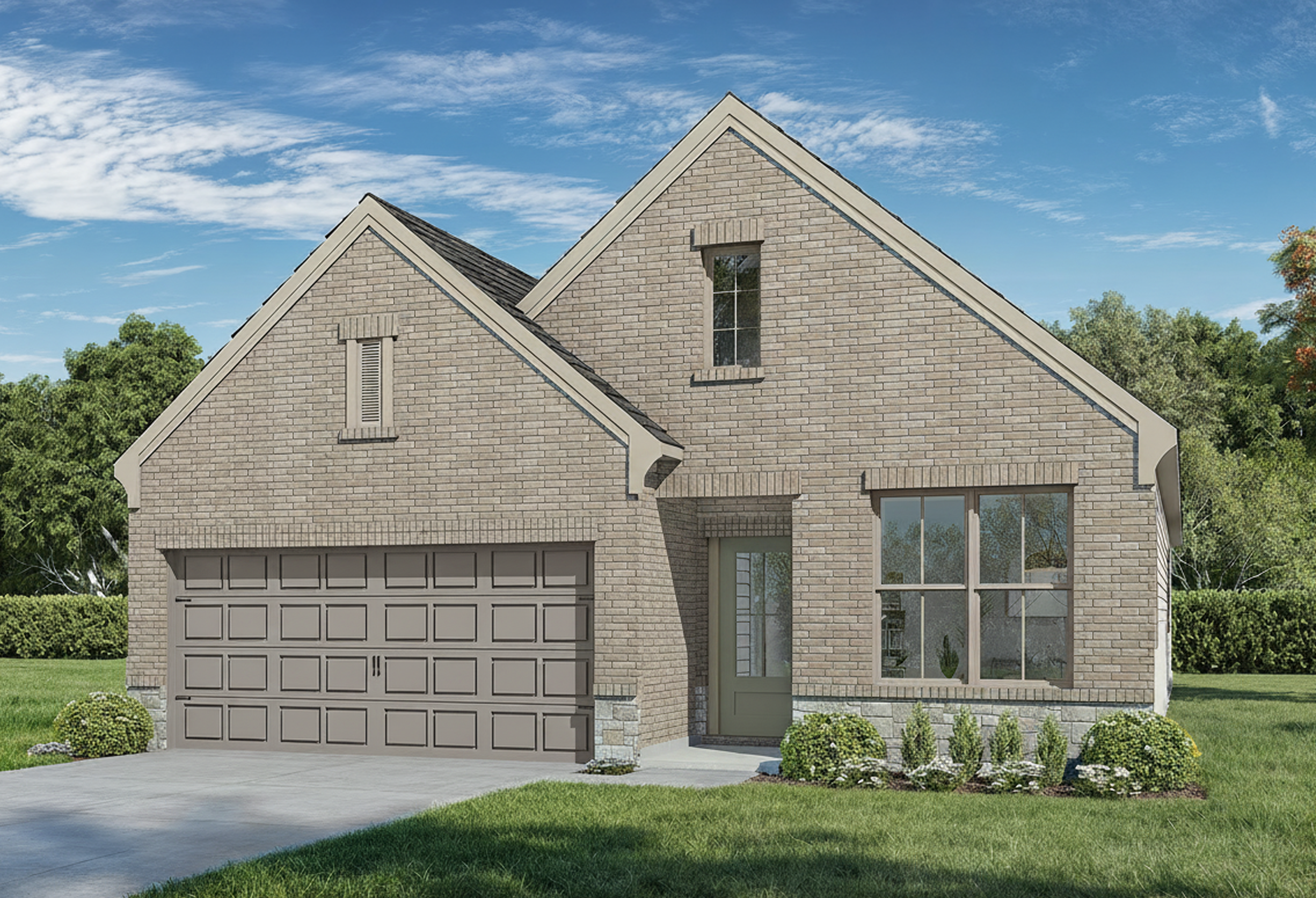 Brick exterior of the Greenfield K 3-bedroom single-story home with 2-car garage, gabled roof, and landscaped yard in Crosby Texas