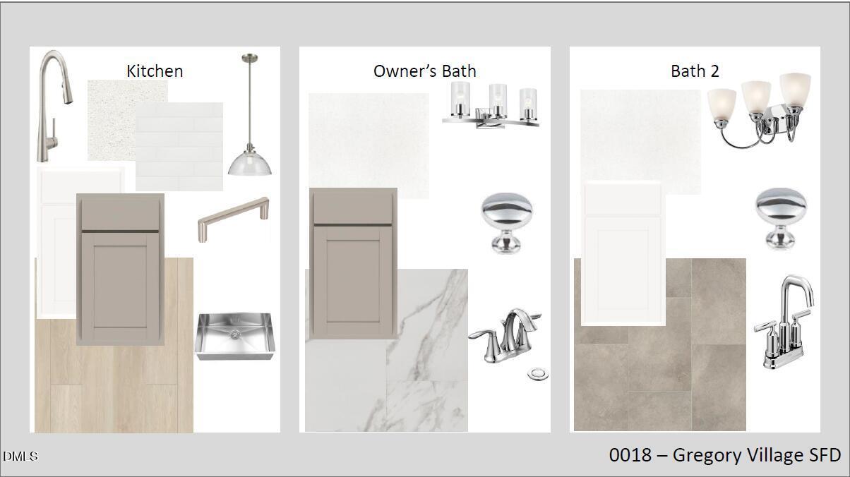 Modern kitchen, owner's bath, and bath 2 fixtures with marble counters, faucets, and cabinets in The Gavin B, Gregory Village, Lillington