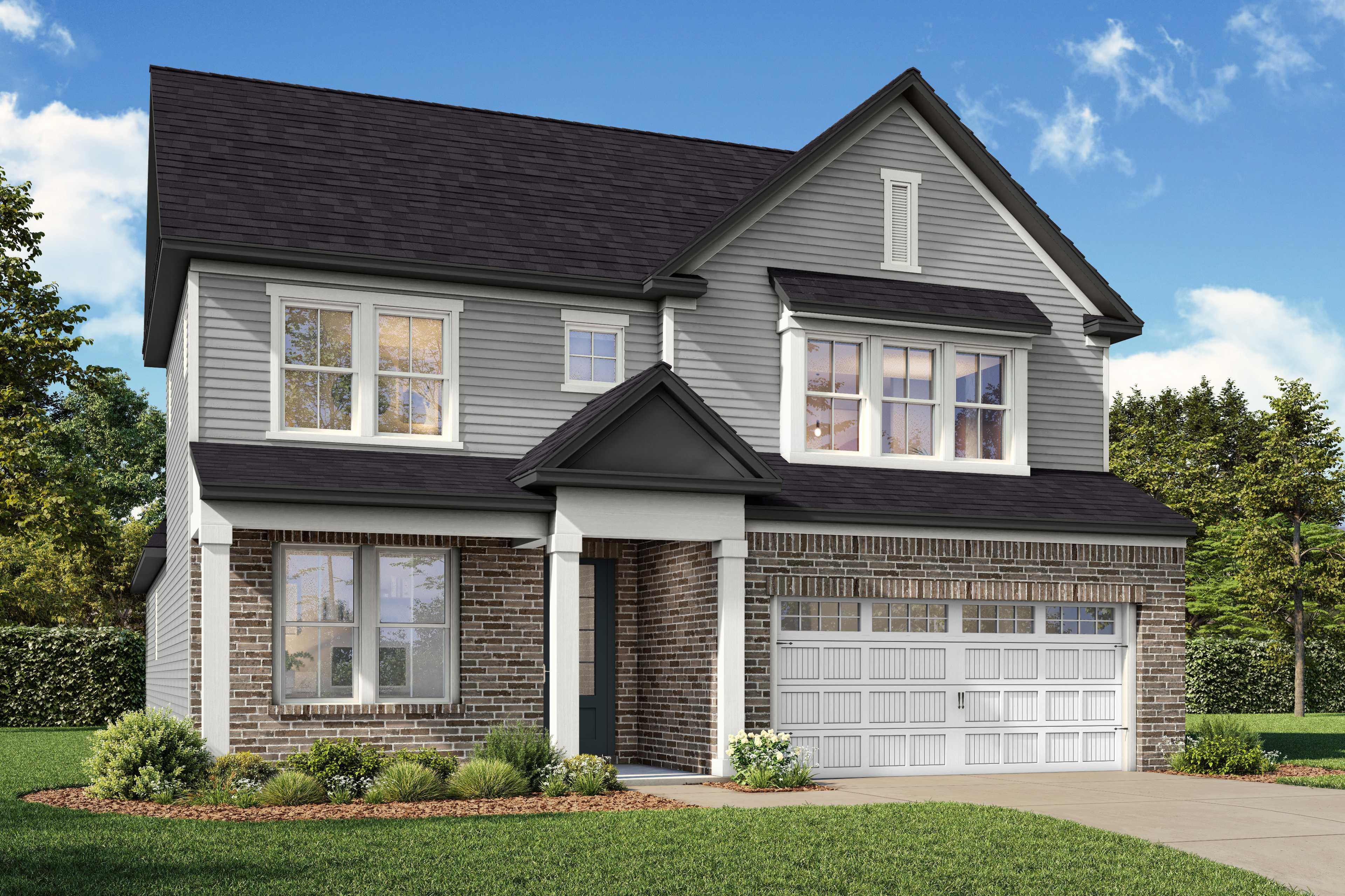 Two-story Ashport M home elevation featuring brick and vinyl siding, 2-car garage, and landscaped yard in Mooresville NC