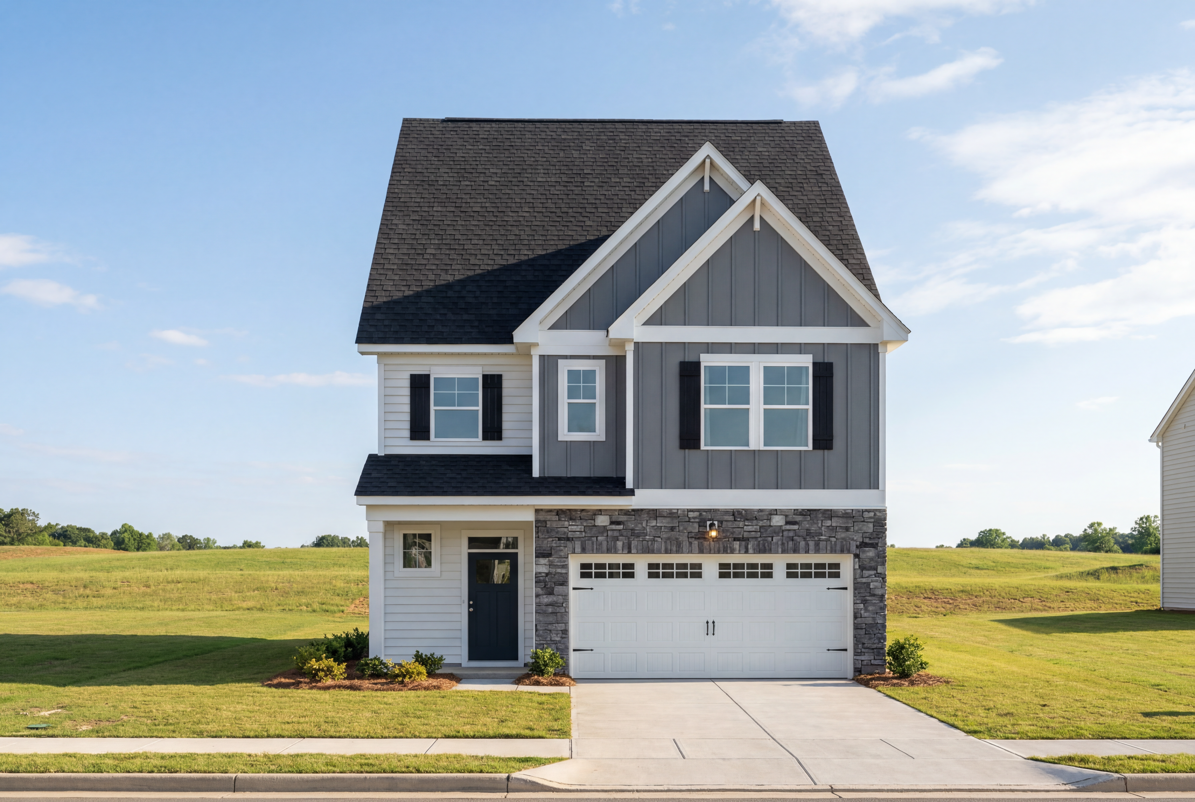 Modern two-story Adalynn C home elevation with gray siding, stone accents, black roof, and 2-car garage in Lillington NC