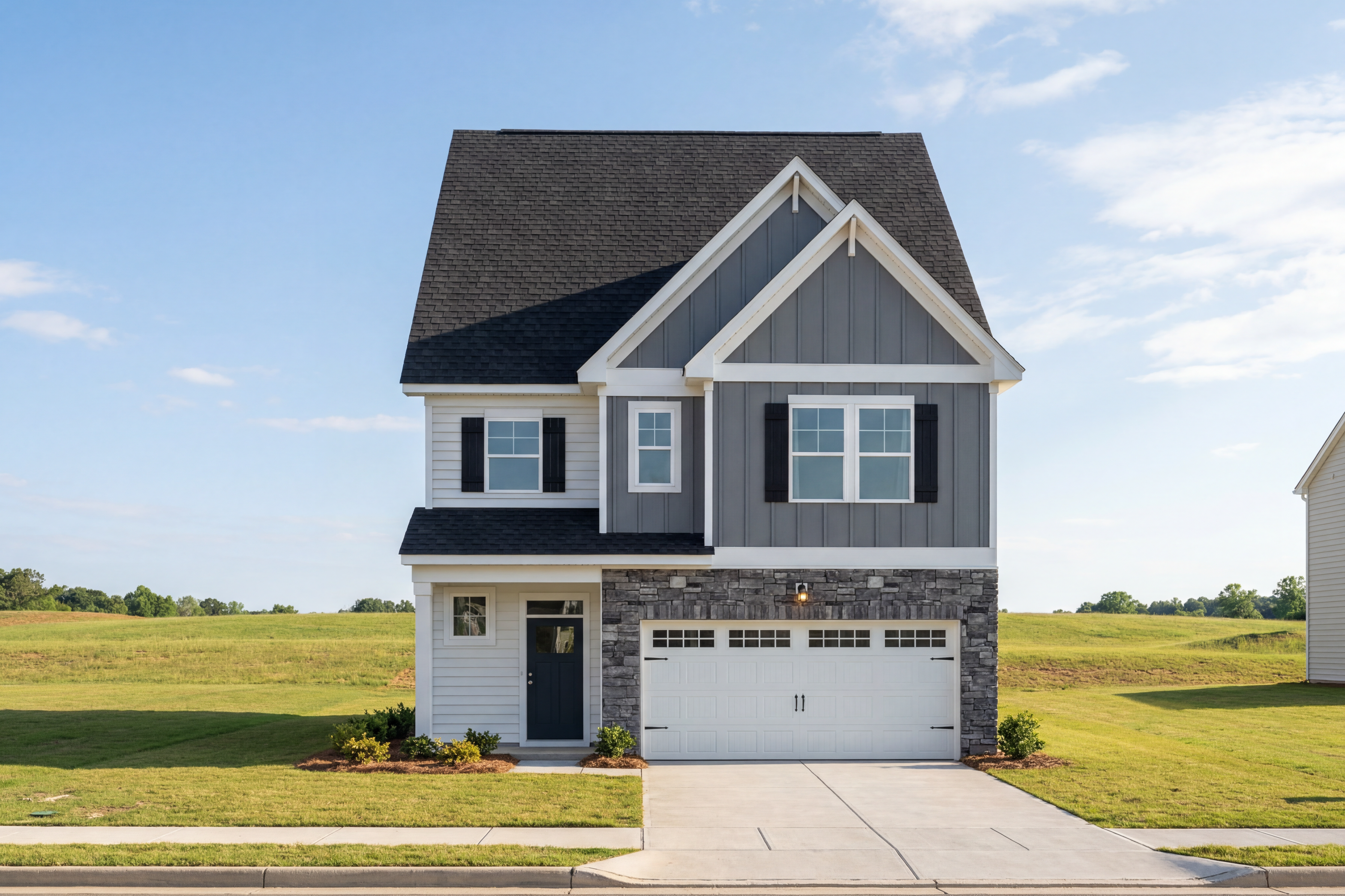 Modern two-story Adalynn C home elevation with gray siding, stone accents, black roof, and 2-car garage in Lillington NC