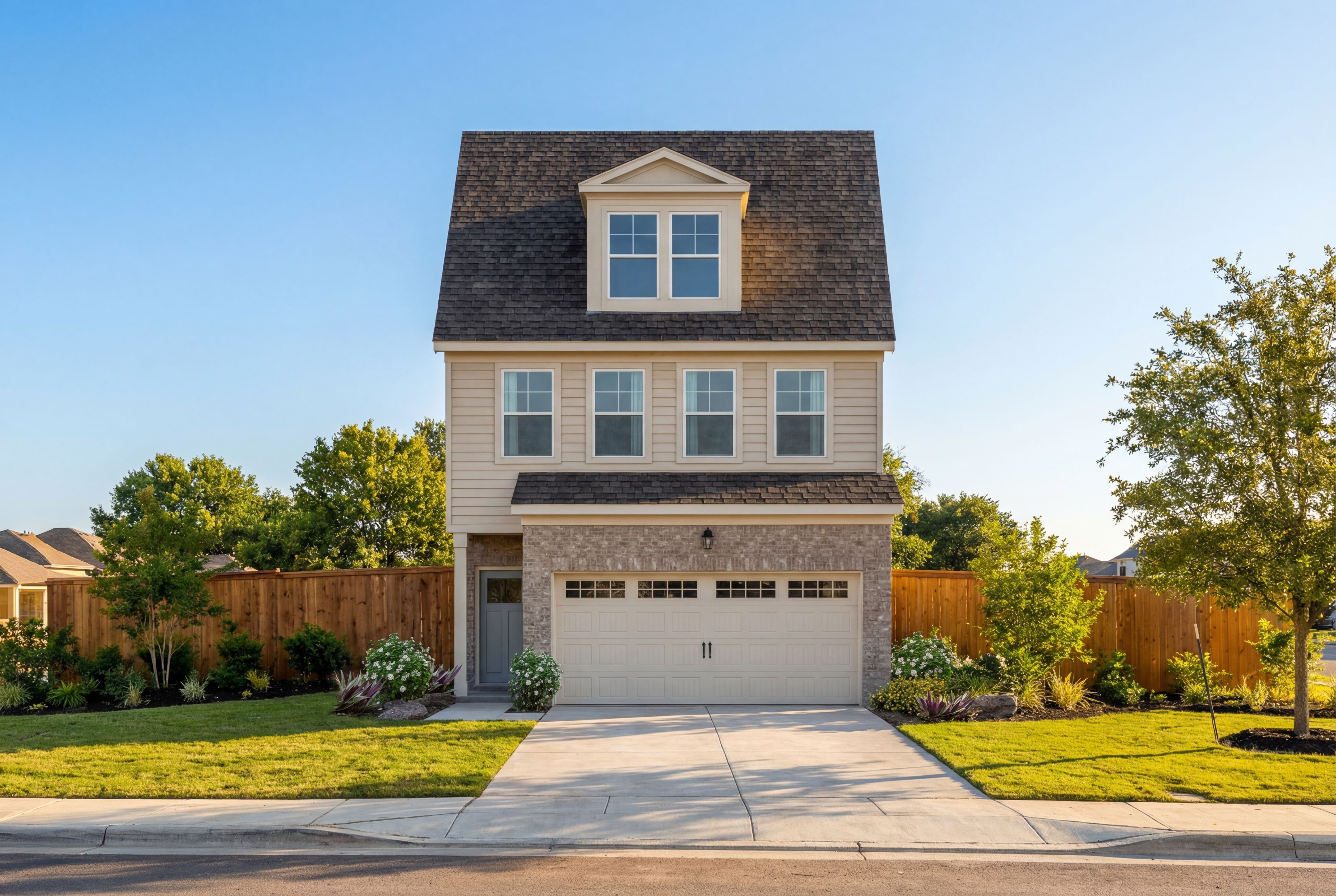 Modern two-story The Wake E home exterior with beige siding, stone garage, gabled roof, and landscaped yard in Wylie Texas