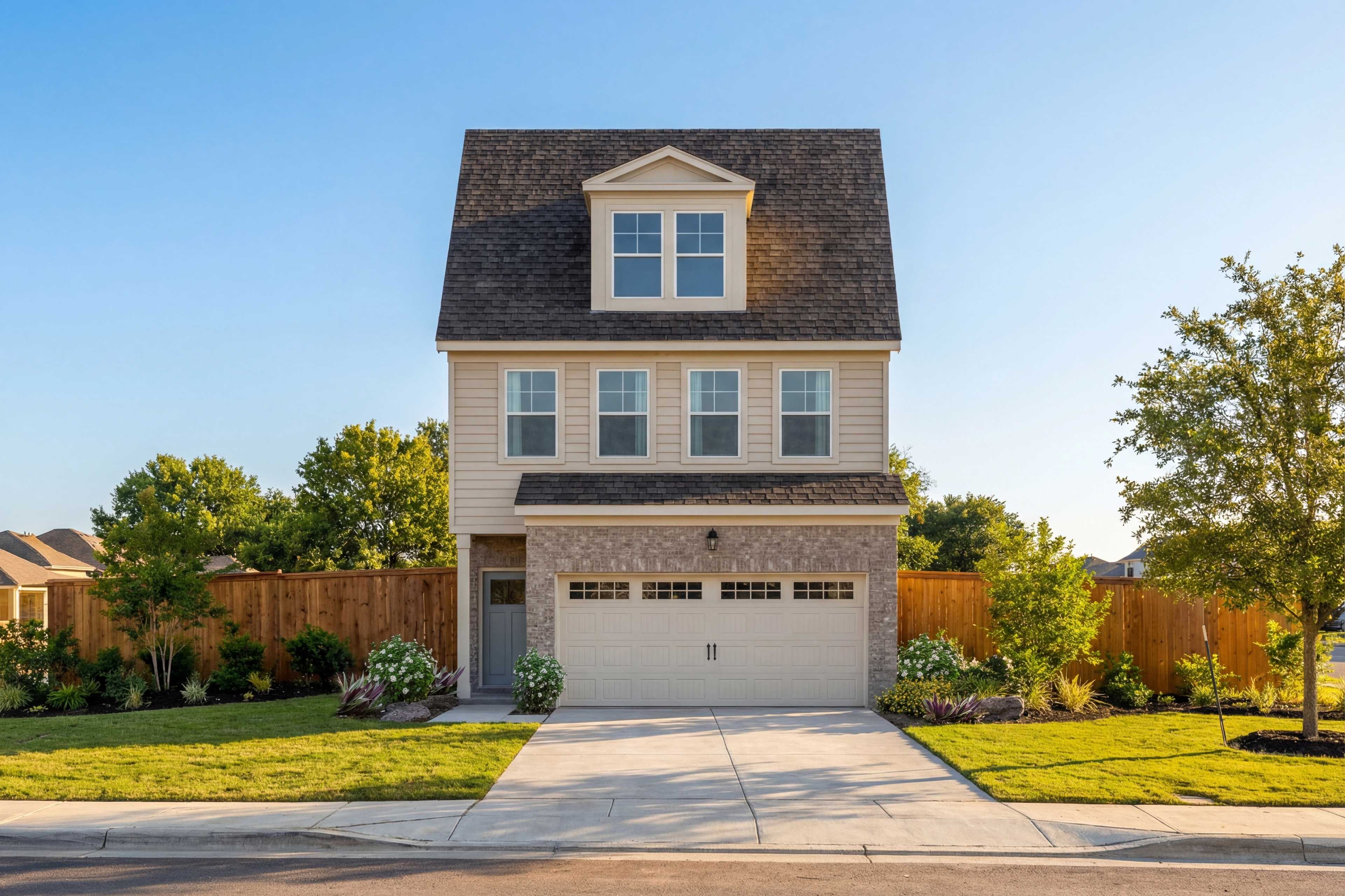 Modern two-story The Wake E home exterior with beige siding, stone garage, gabled roof, and landscaped yard in Wylie Texas