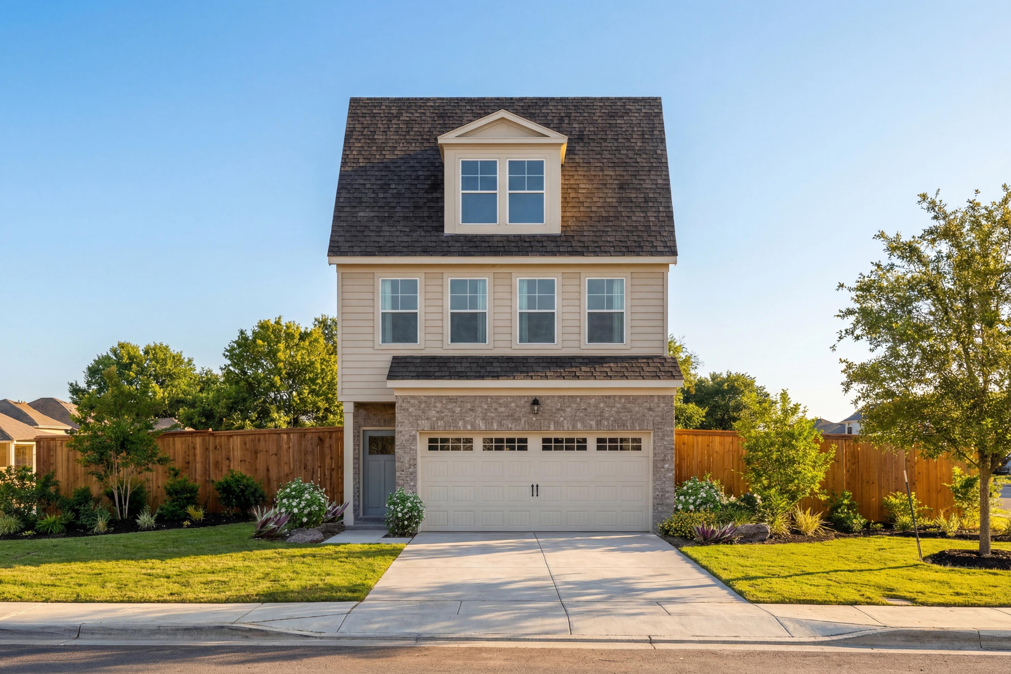Modern two-story The Wake E home exterior with beige siding, stone garage, gabled roof, and landscaped yard in Wylie Texas