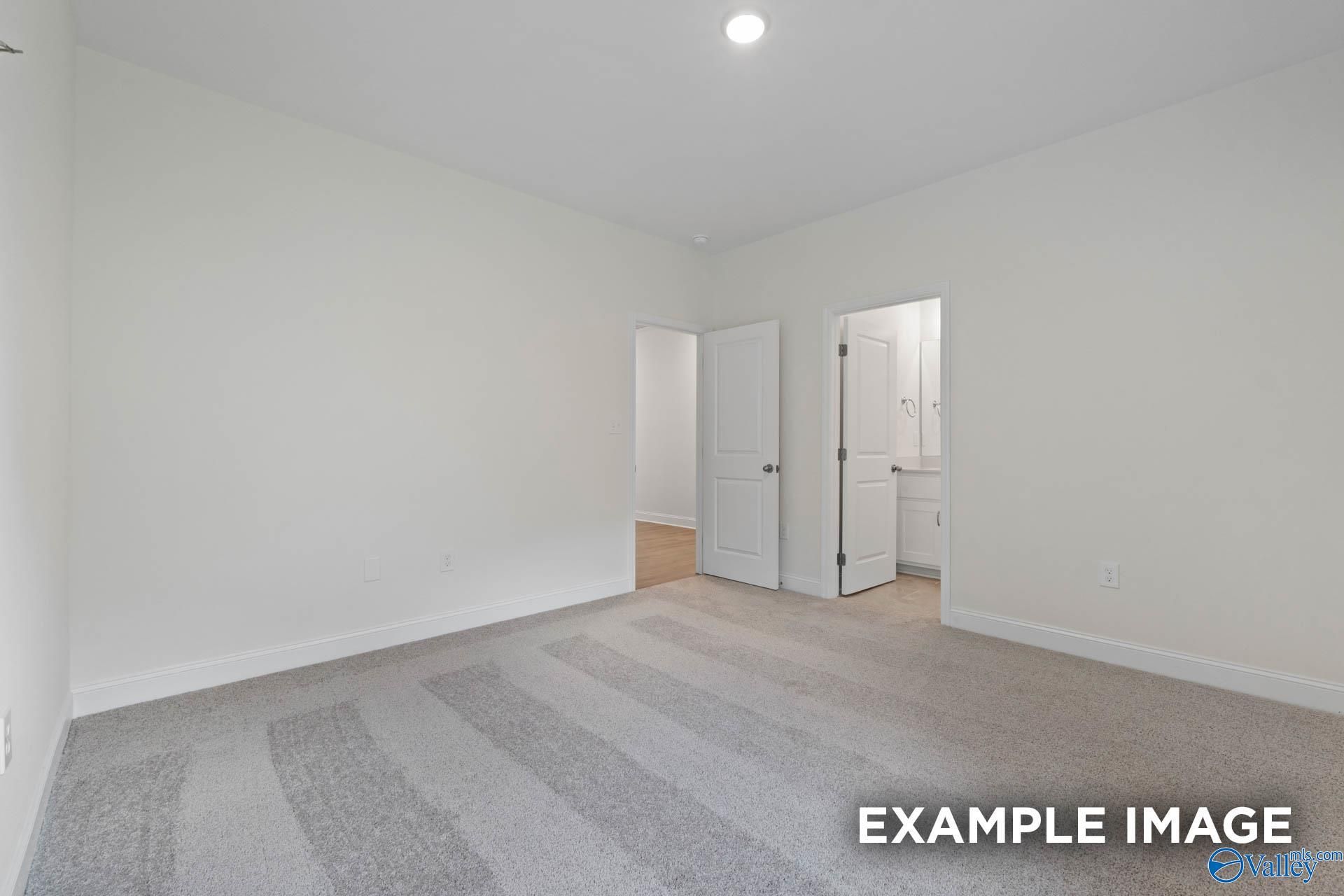 Empty master bedroom with en-suite bathroom door and neutral carpet in Davidson Homes The Oxford, Riverton Preserve, Huntsville, Alabama