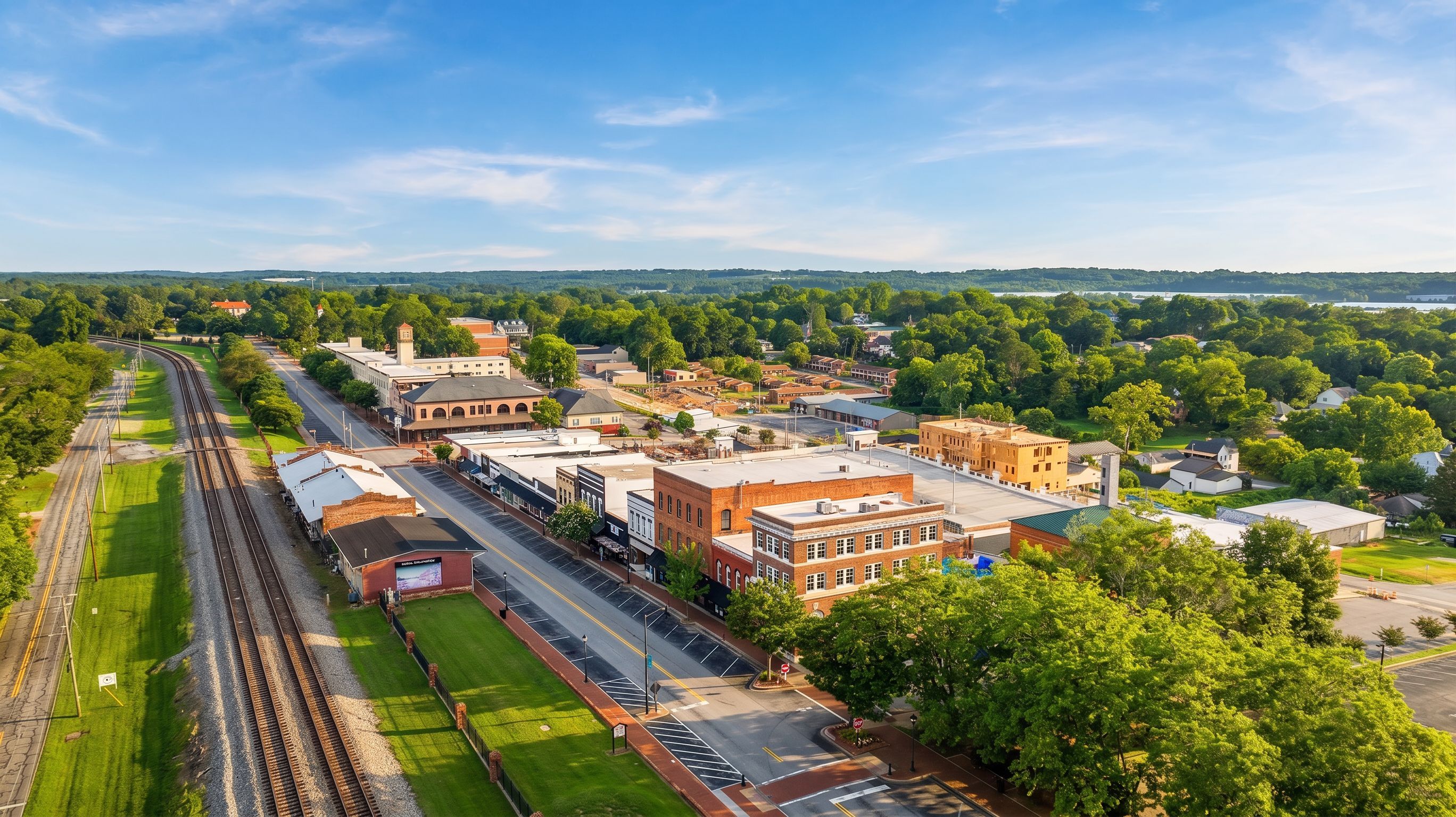 Aerial view of red brick clubhouse with clock tower at The Grove at East Thompson in Buford, Georgia, surrounded by trees and parking