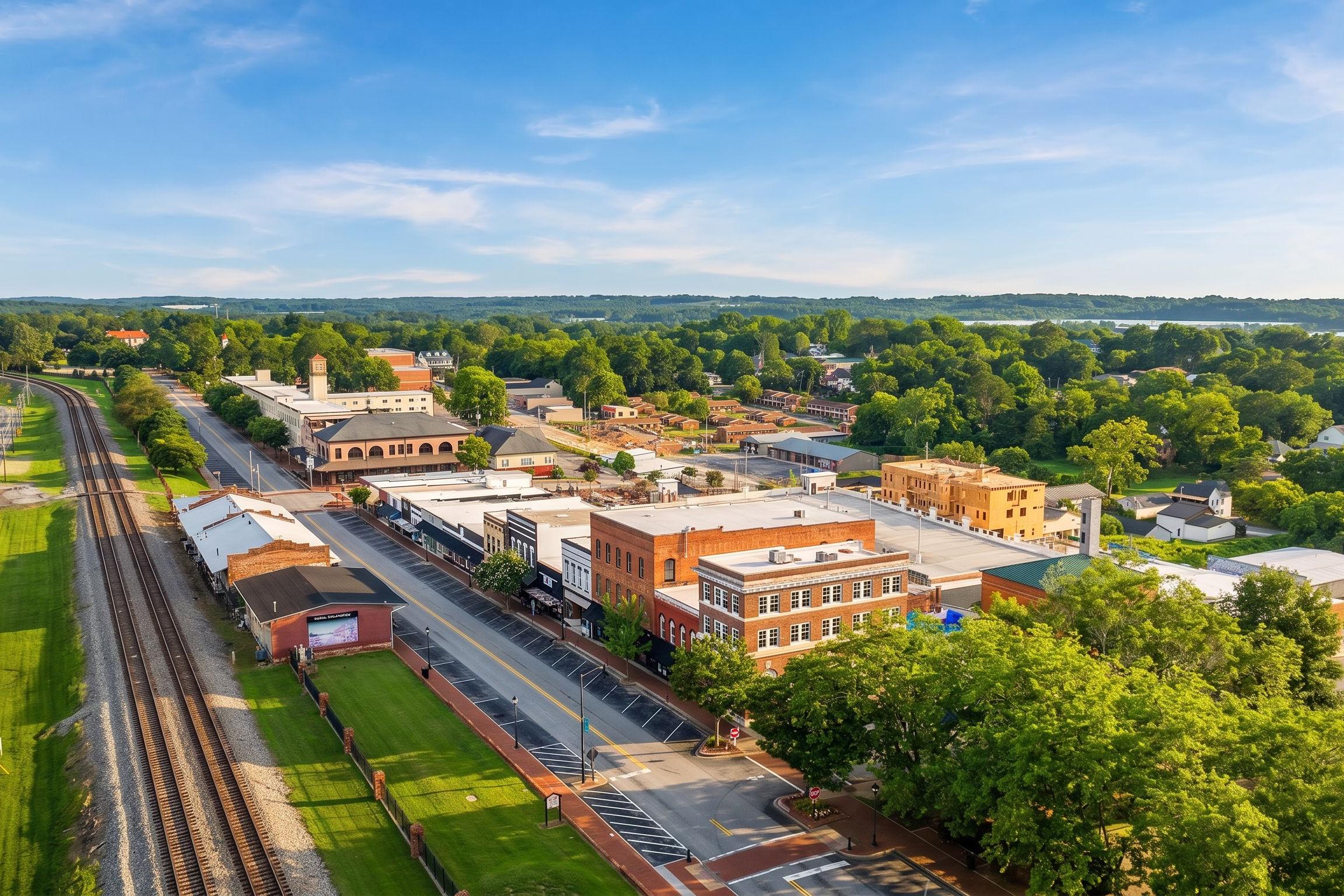 Aerial view of downtown Buford, Georgia, near The Grove at East Thompson by Davidson Homes featuring historic buildings.