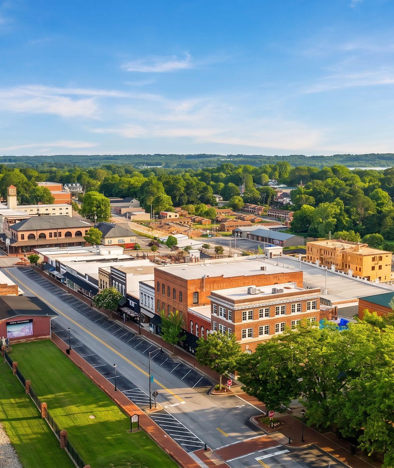Aerial view of red brick clubhouse with clock tower at The Grove at East Thompson in Buford, Georgia, surrounded by trees and parking