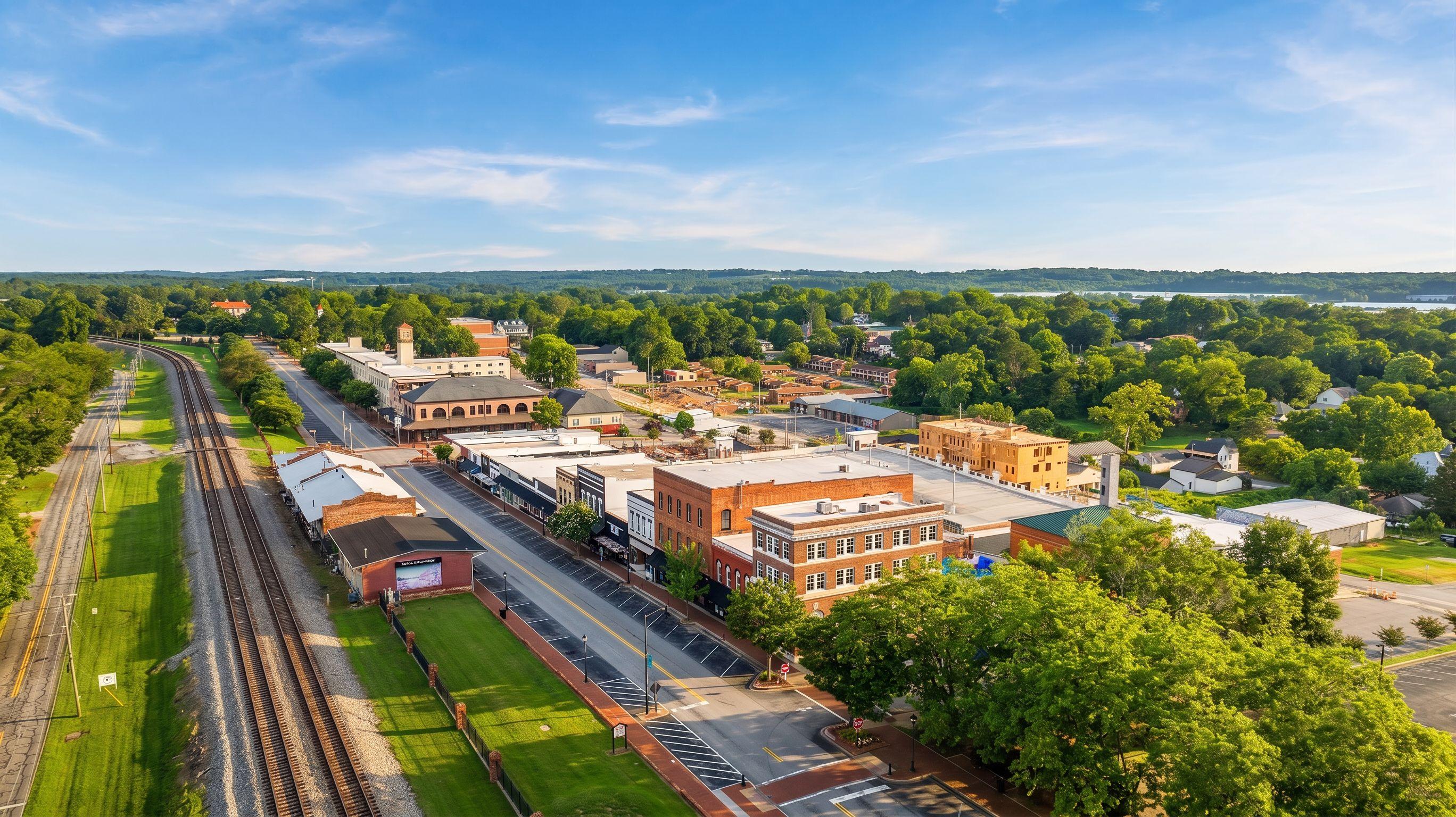 Aerial view of red brick clubhouse with clock tower at The Grove at East Thompson in Buford, Georgia, surrounded by trees and parking