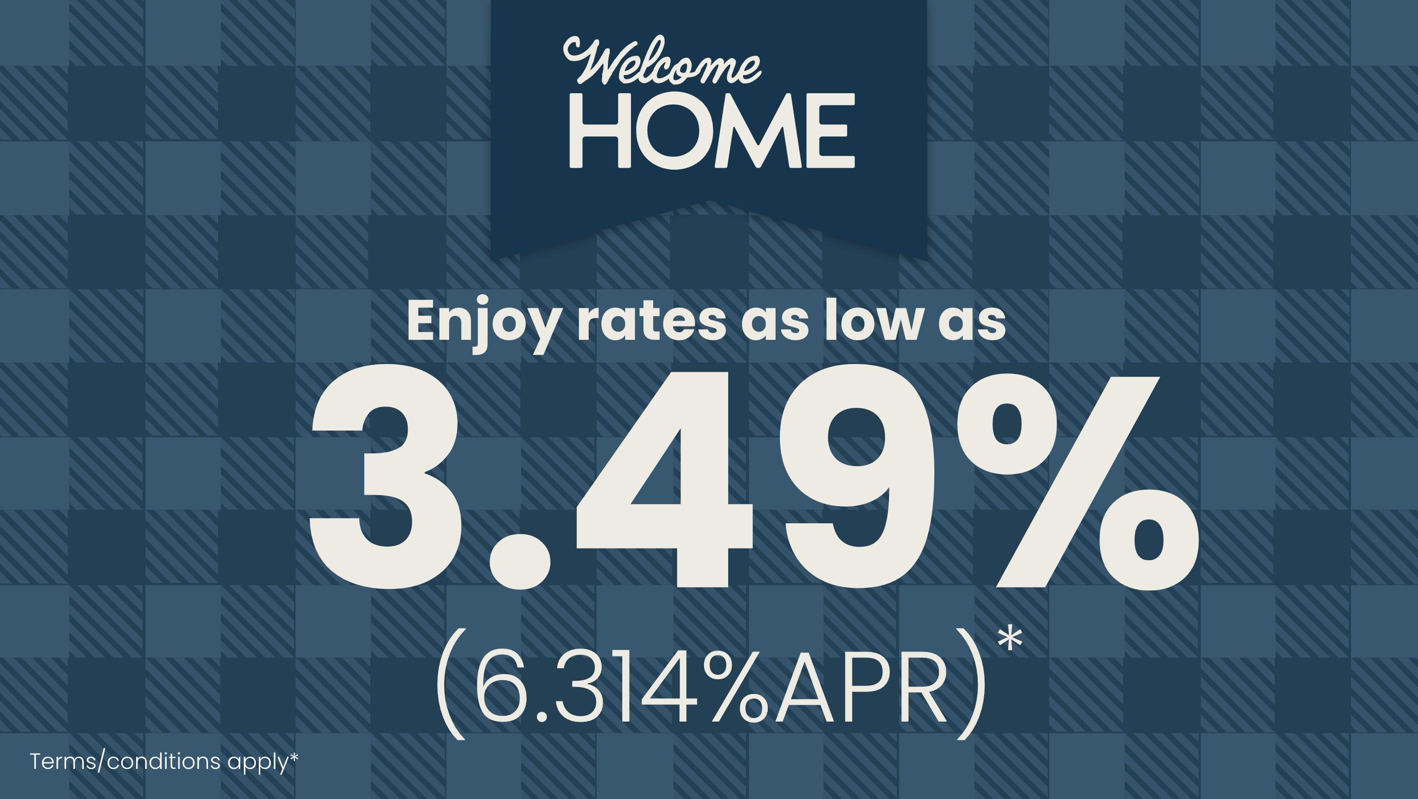Huntsville homebuilder promotion banner with blue plaid design, 3.49% low rates, 5.796% APR, and Flex Cash incentives